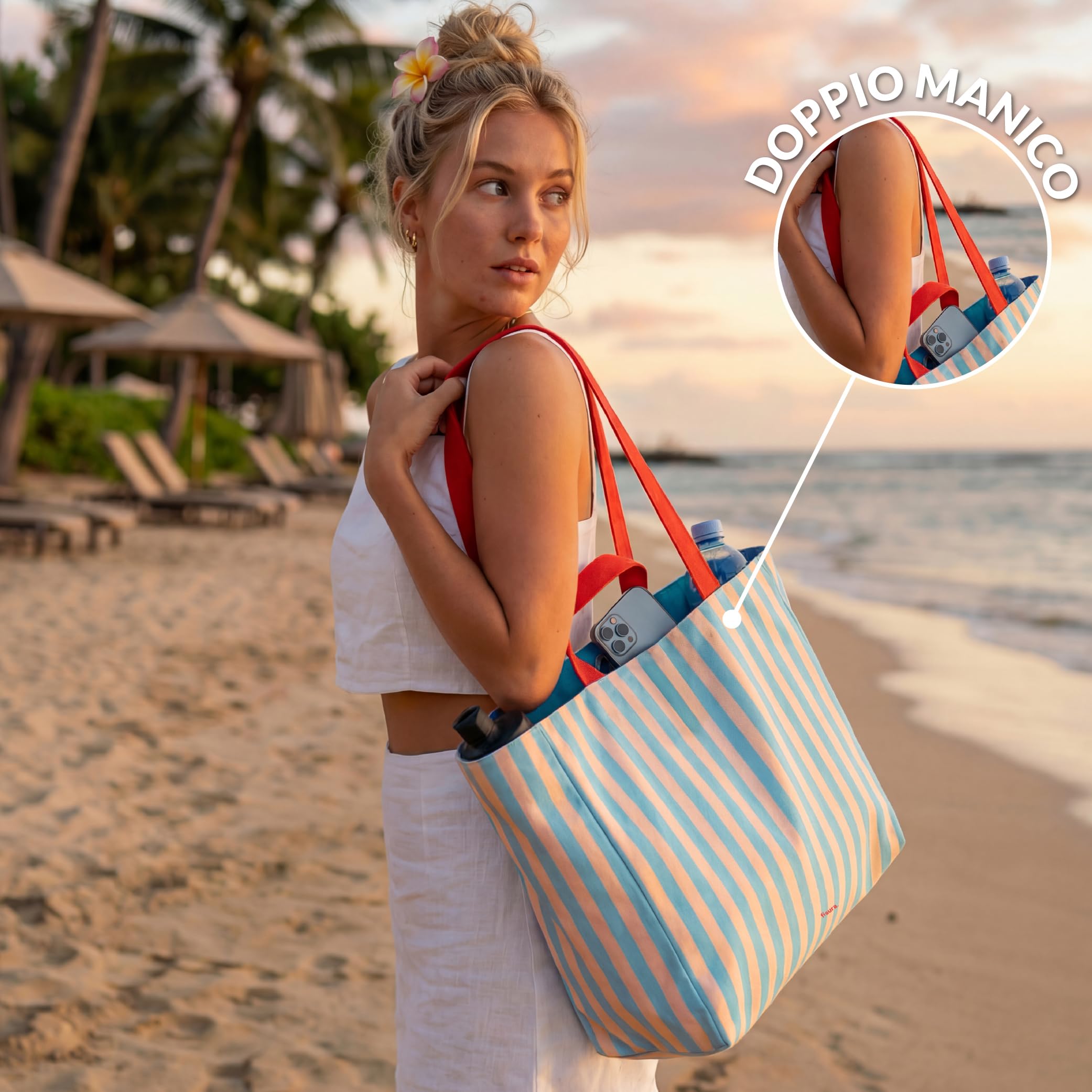 Fisura – Borsa mare “Out of the office”, tote bag donna XXL in cotone reversibile a righe blu, shopper grande per spiaggia, viaggio o spesa, 36 x 31,5 cm