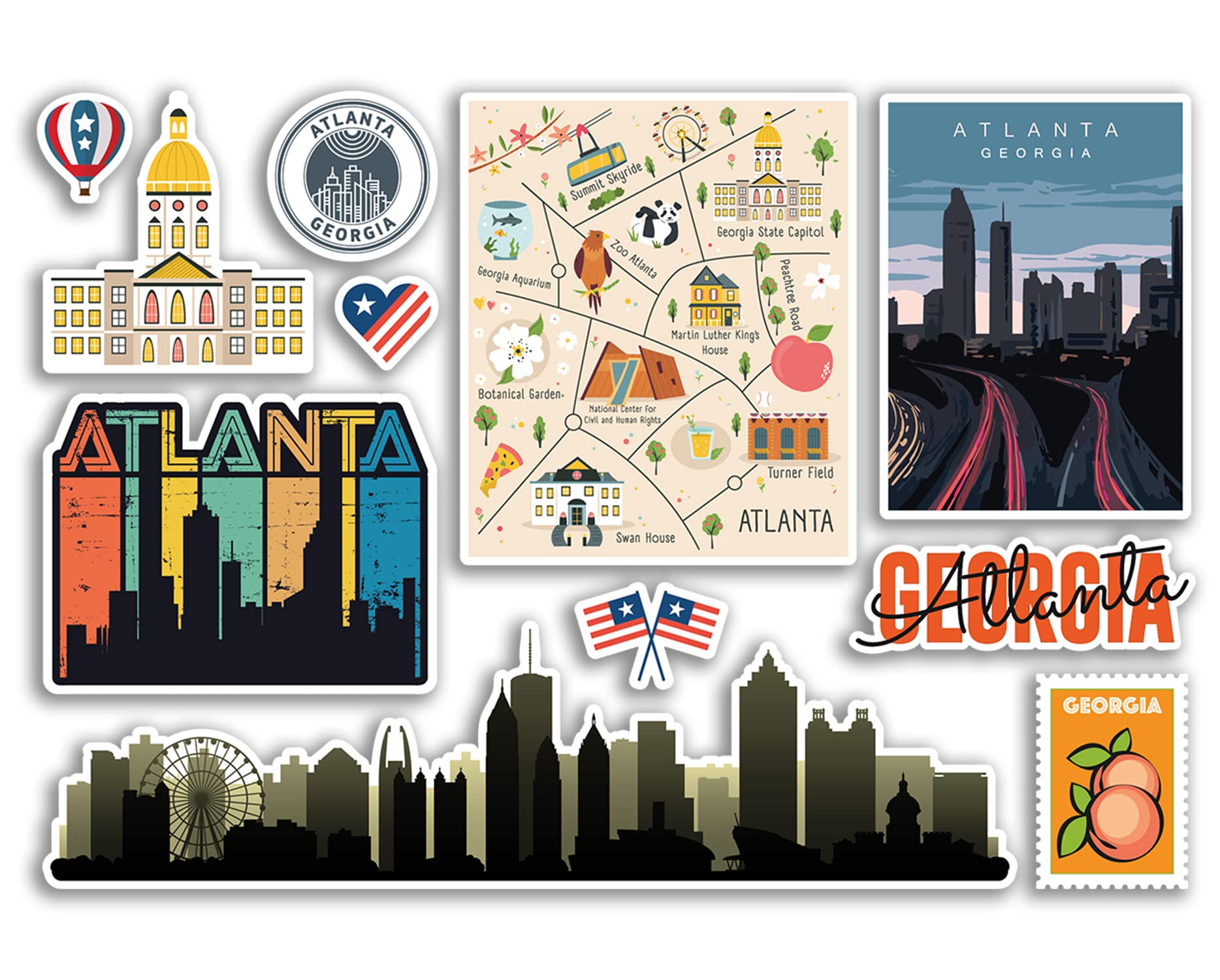A5 Sticker Sheet Atlanta Landmarks Vinyl Stickers - Georgia America States USA American Airport Stamps Skyline Flag Map Travel Holiday Scrapbooking City Luggage #79155