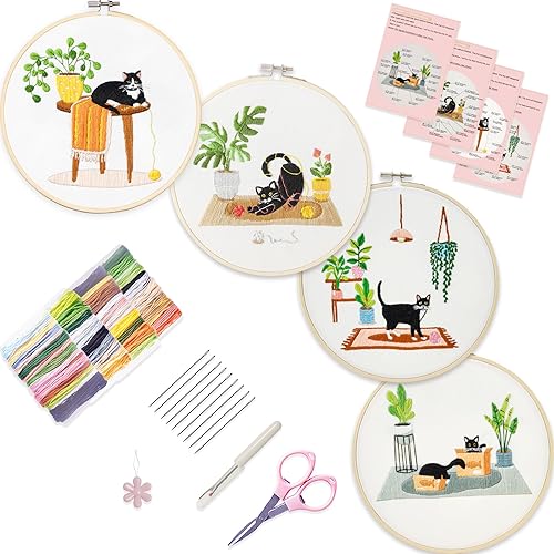 Bonroy Juego de 4 juegos de bordado para principiantes, manualidades de arte, fácil costura, incluye ropa de bordado, patrón, aro de bordado, manual