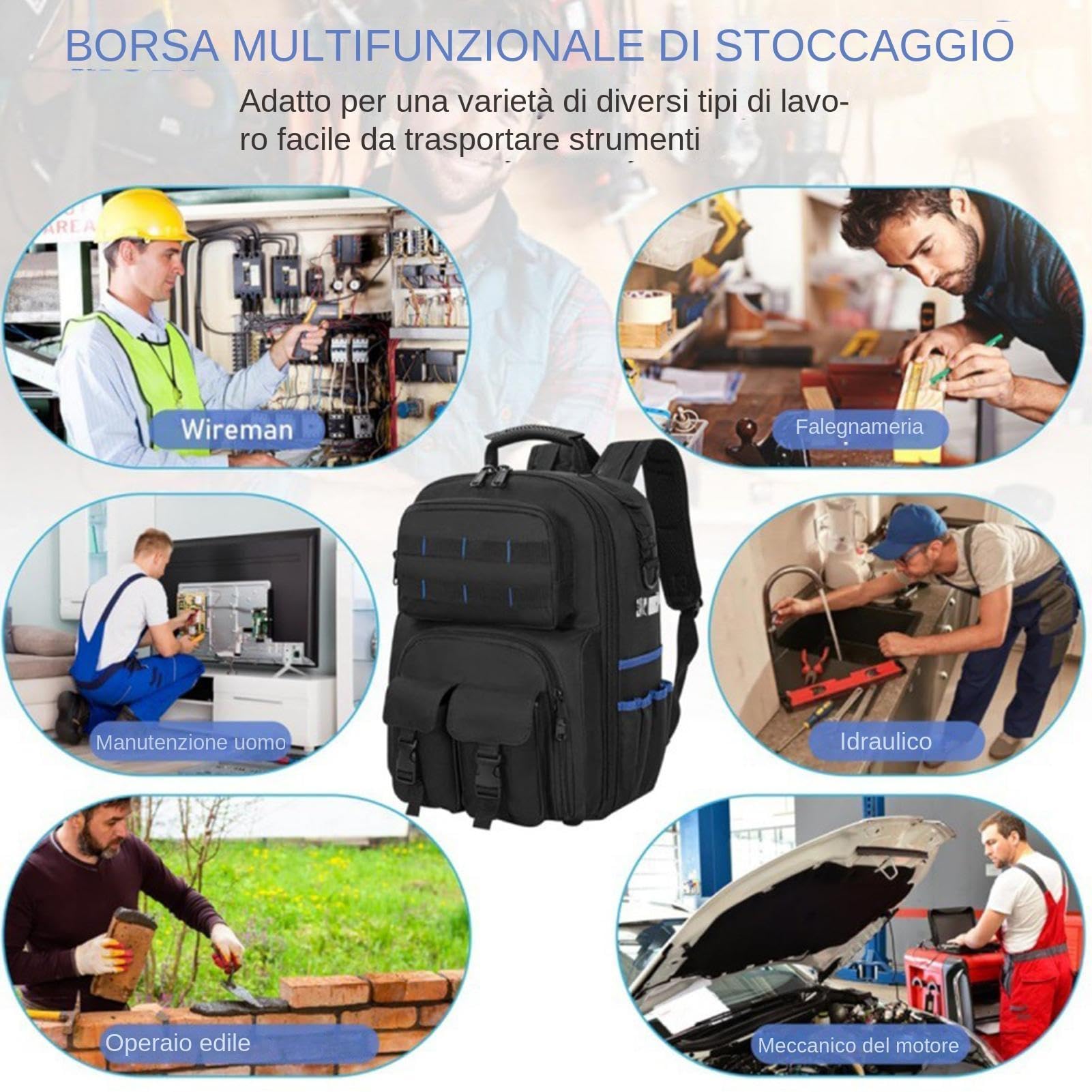 Zaino per attrezzi da elettricista - Base impermeabile con fondo rigido, organizer multitasche resistente, borsa per tecnici professionale alta 40 cm, tessuto Oxford rinforzato da 1,5 kg