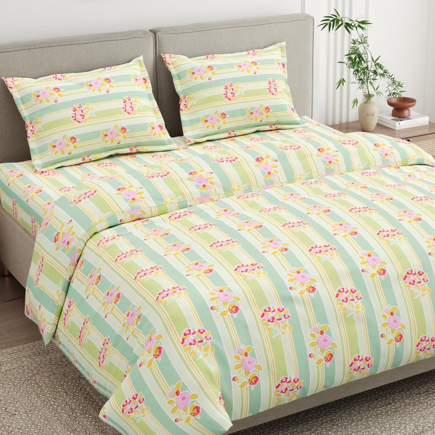 haus & kinder Double Bedsheet for Queen Size Bed | 90 x 100 Inches 186 TC Cotton Bedsheet for Double Bed with 2 Pillow Covers - Golden Hour Garden