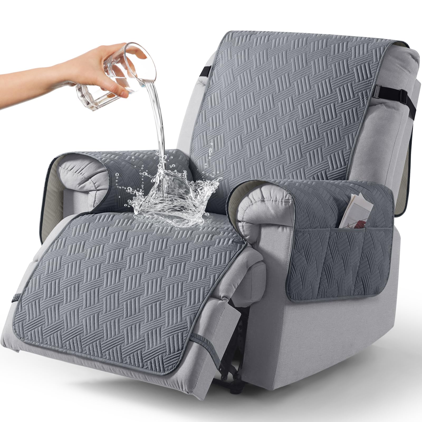 KinCam Waterproof Recliner Chair Cover, Armchair Slipcover with Elastic Straps & Side Pocket