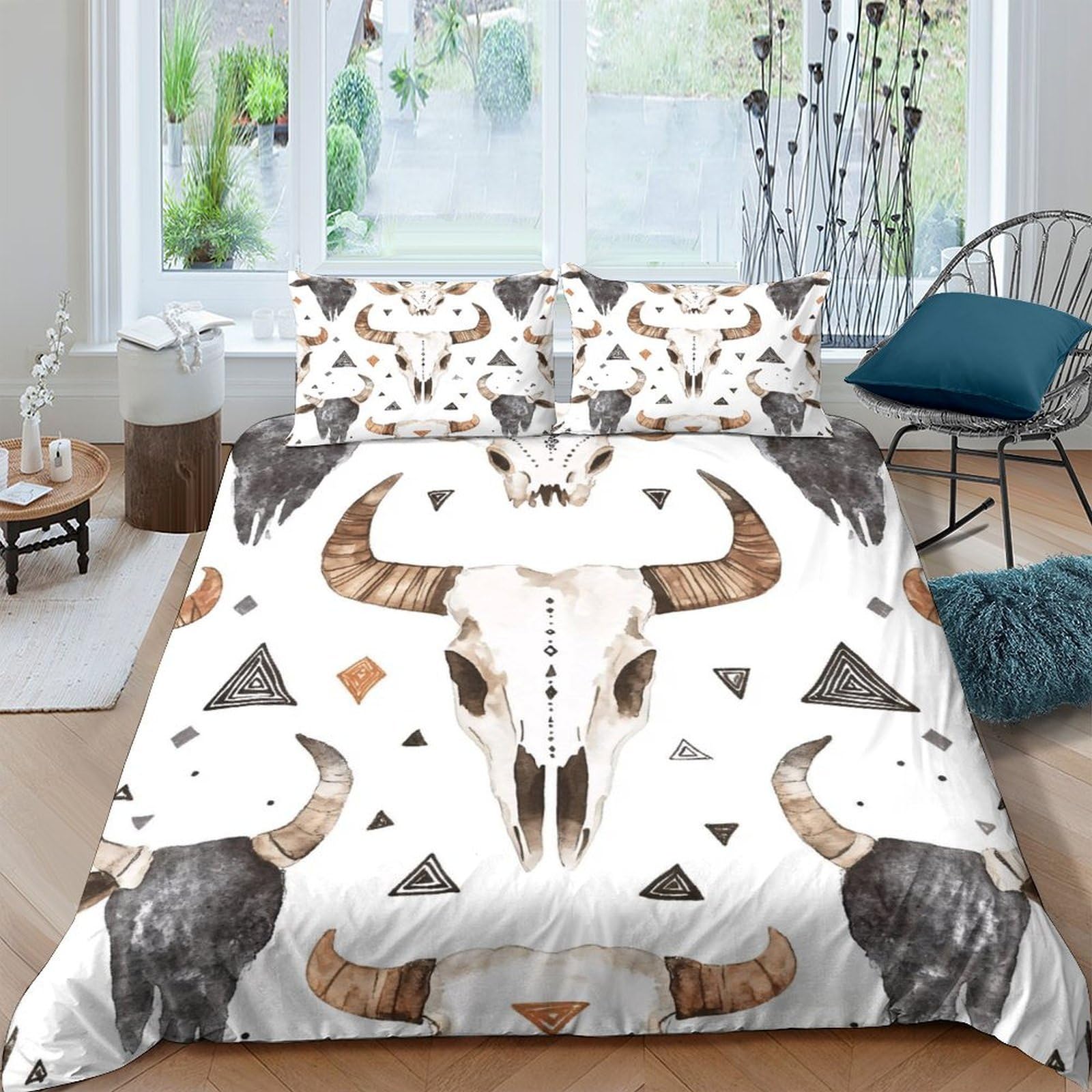 Ctjqhvkz Style-6 3D Printed Bull Skull Fitted Sheet Microfiber Soft Western Tribal Bed Cover For Bedroom Guest Room Decor Protection Single（135X200cm）