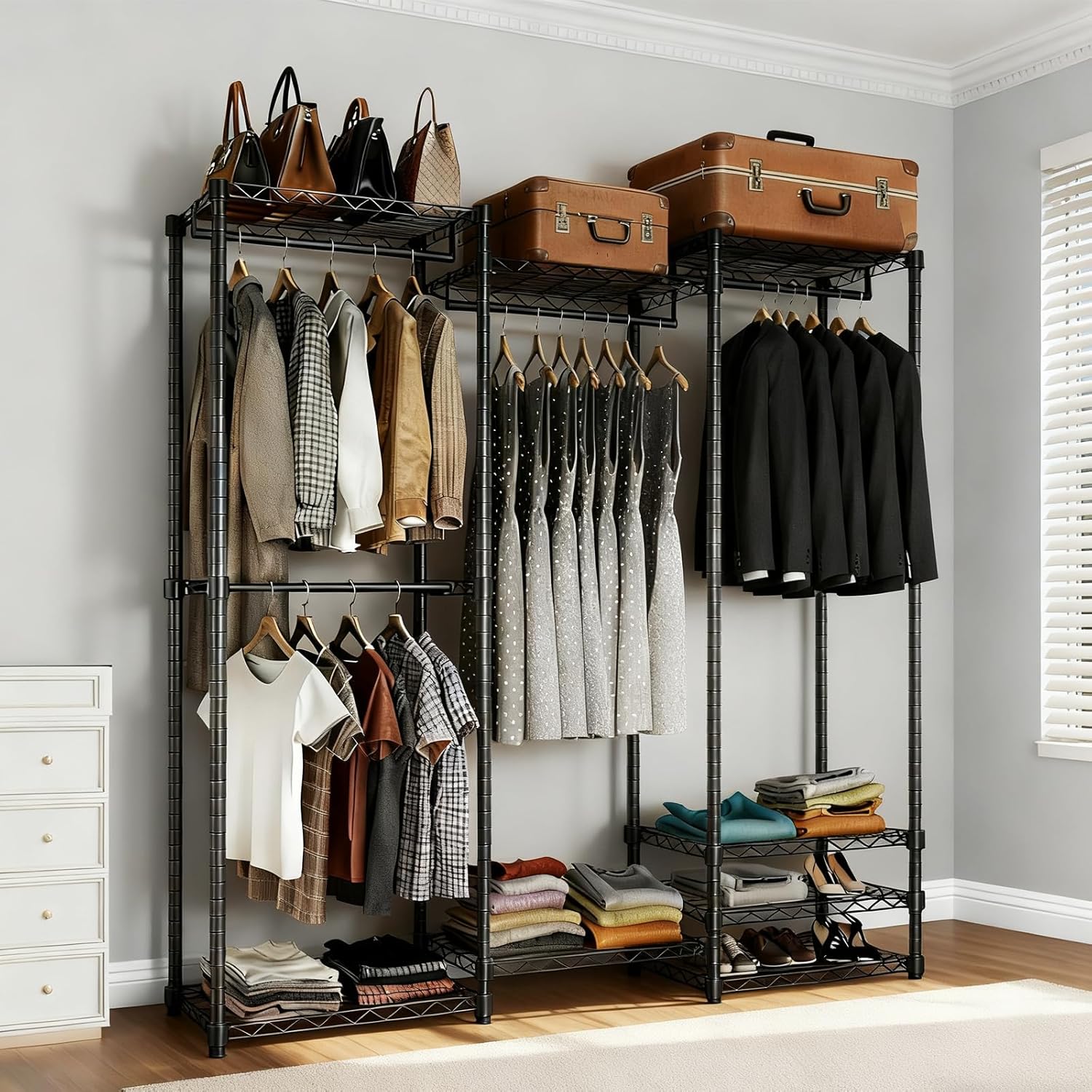 KAXIWEI Portable Closet Wardrobe – Heavy-Duty Freestanding Clothes Rack with 4 Hanging Rods & 8 Shelves, Adjustable Clothing Organizer, 67.3" L x 14.6" W x 76.8" H, Max Load 850 lbs