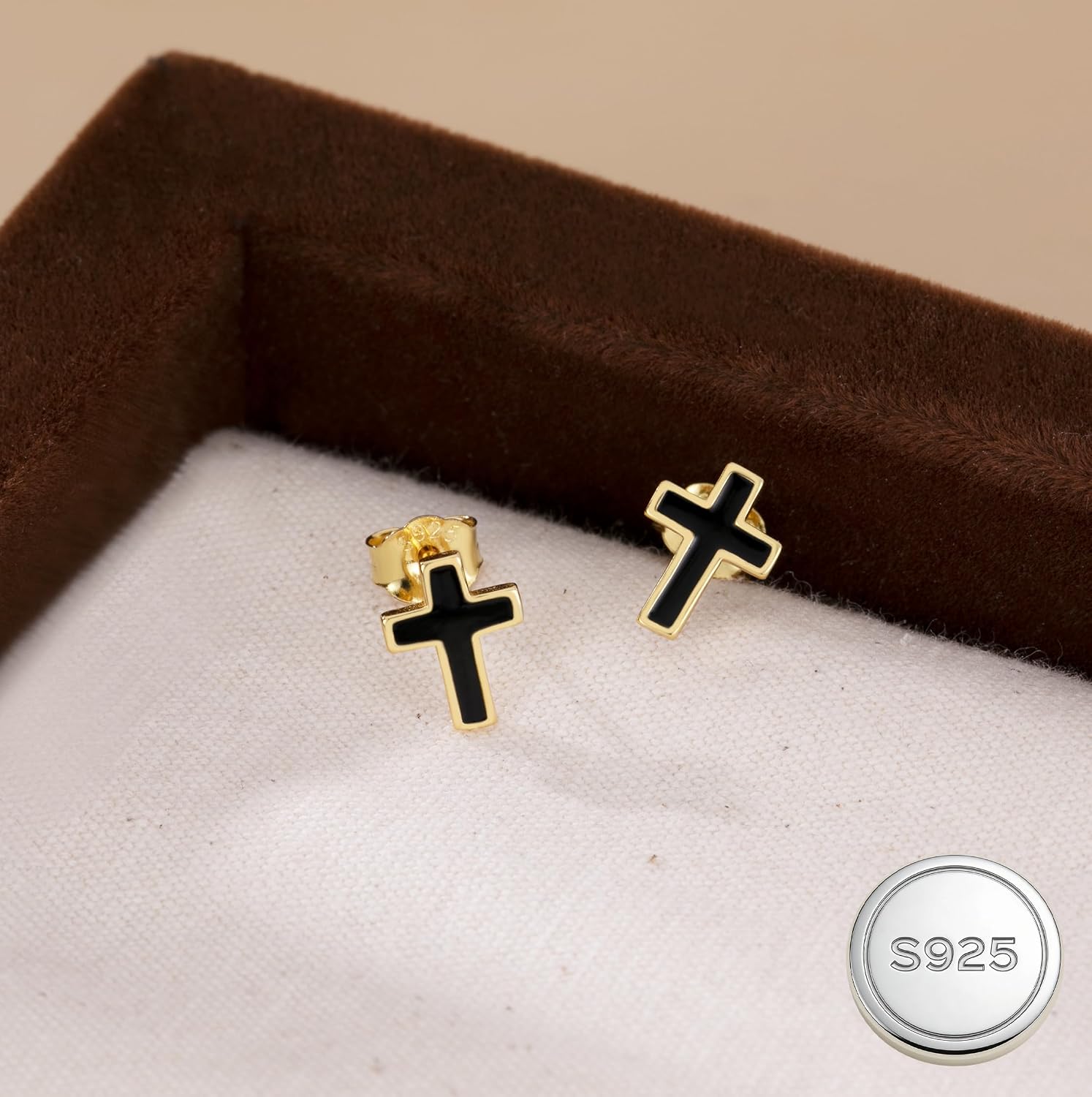 Reffeer Solid 925 Sterling Silver Cross Stud Earrings for Women Teen Small Black Cross Earrings Studs