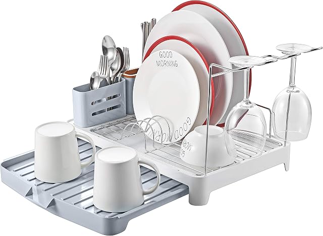 KINGRACK Dish Drainer, Dish Rack Stainless Steel, Dish Drying Rack with Extendable Drip Tray, Extra Draining Board, Cutlery Holder, Wine Glass Holder, Double Plate Rack Drainer for Kitchen