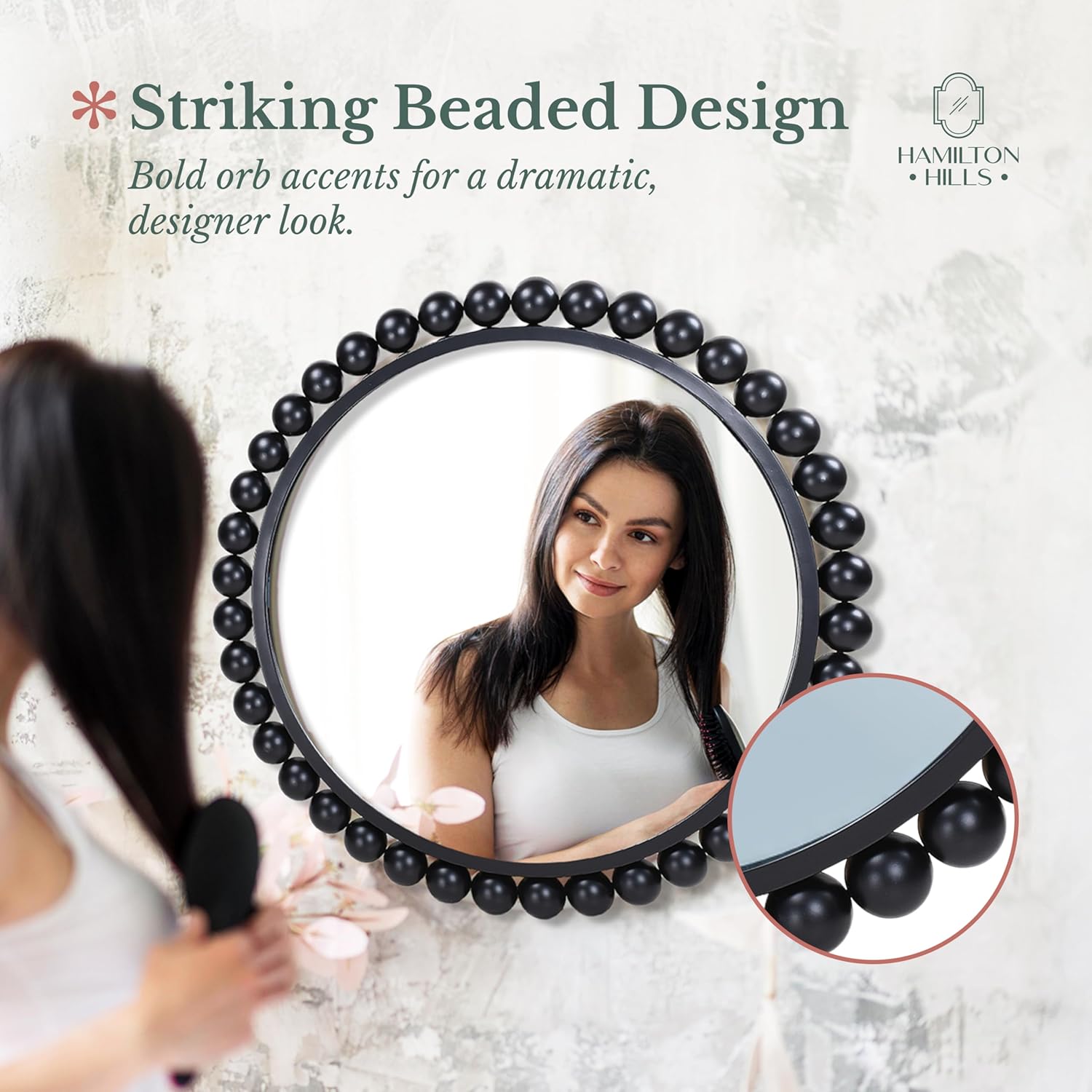 Hamilton Hills Black Circle Mirror - 33 x 33in - Chic Round Mirror for Living Room, Bathroom, Entryway, Vanity Decor -Dimensional Crystal Clear Beads Reflect Light - Home Wall Decor