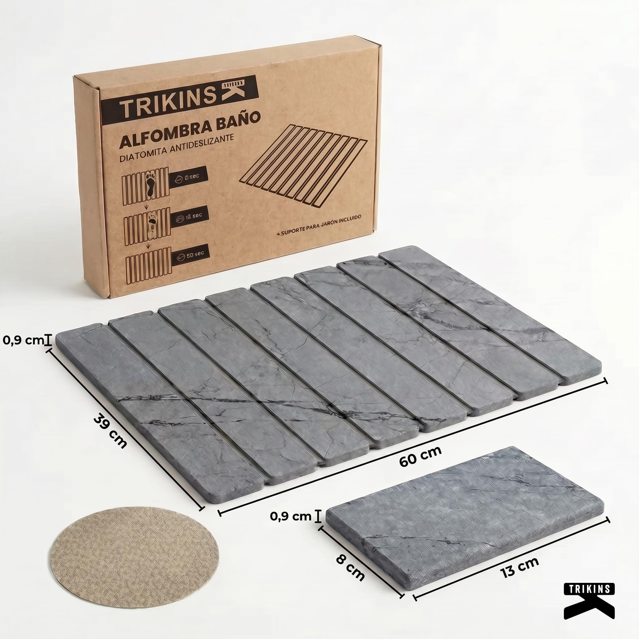Alfombra Baño Diatomita 39x60 cm con Jabonera – Alfombrilla Baño Diatomita Super Absorbente - Secado Ultrarrápido – Antideslizante, Antibacteriana y Antimoho para Ducha, Baño y Cocina (Gris)