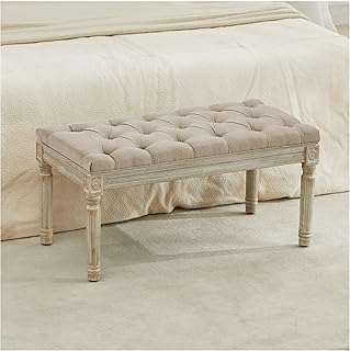 LOULENS French Vintage Bench, Linen Fabric Entryway Bench, Upholstered T...