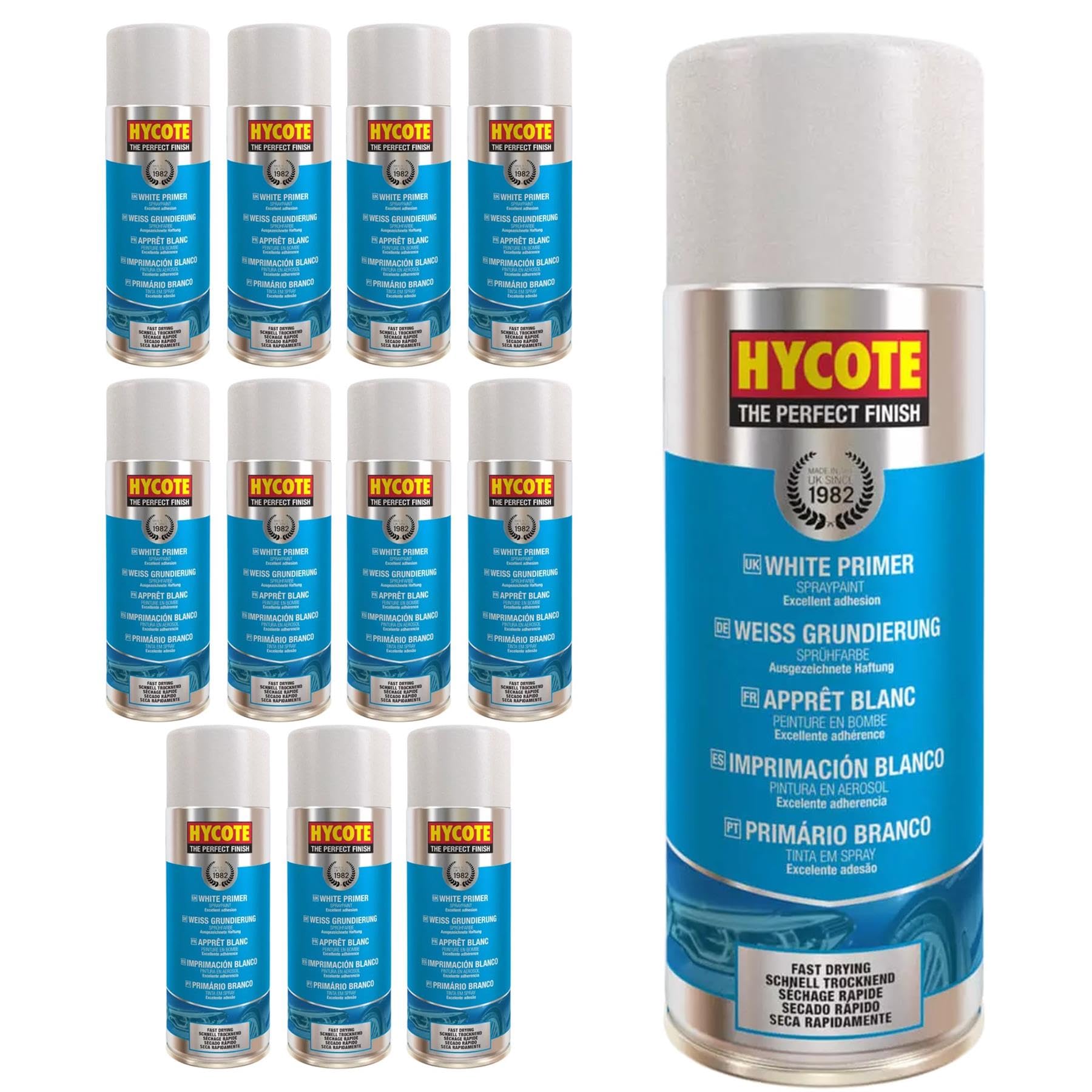 Hycote Sprühprimer Weiß 400 ml (12er Pack) – Schnelltrocknender Acryl Grundierlack mit hoher Deckkraft, für Metall, Kunststoff, Keramik und Holz