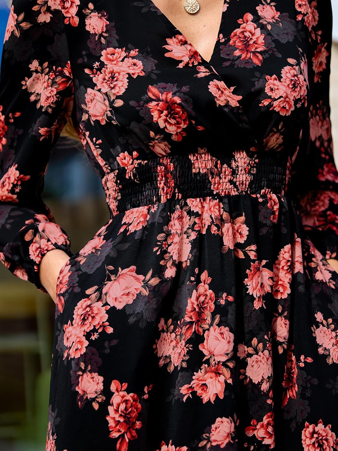 CUPSHE Womens Maxi Dresses V Neck Casual Floral Long Sleeve Fall Outfit Smocked Pockets Flowy Garden Party Dress - Image 5