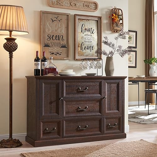 Farmhouse Coffee Bar Cabinet, 47" Buffet Cabinet w/5 Drawers, Rustic Wood Sideboard Cabinet w/Groove Barn Door, Storage Cabinet for Dinning Room, Kitchen, Bedroom, and Closet Room, Brown