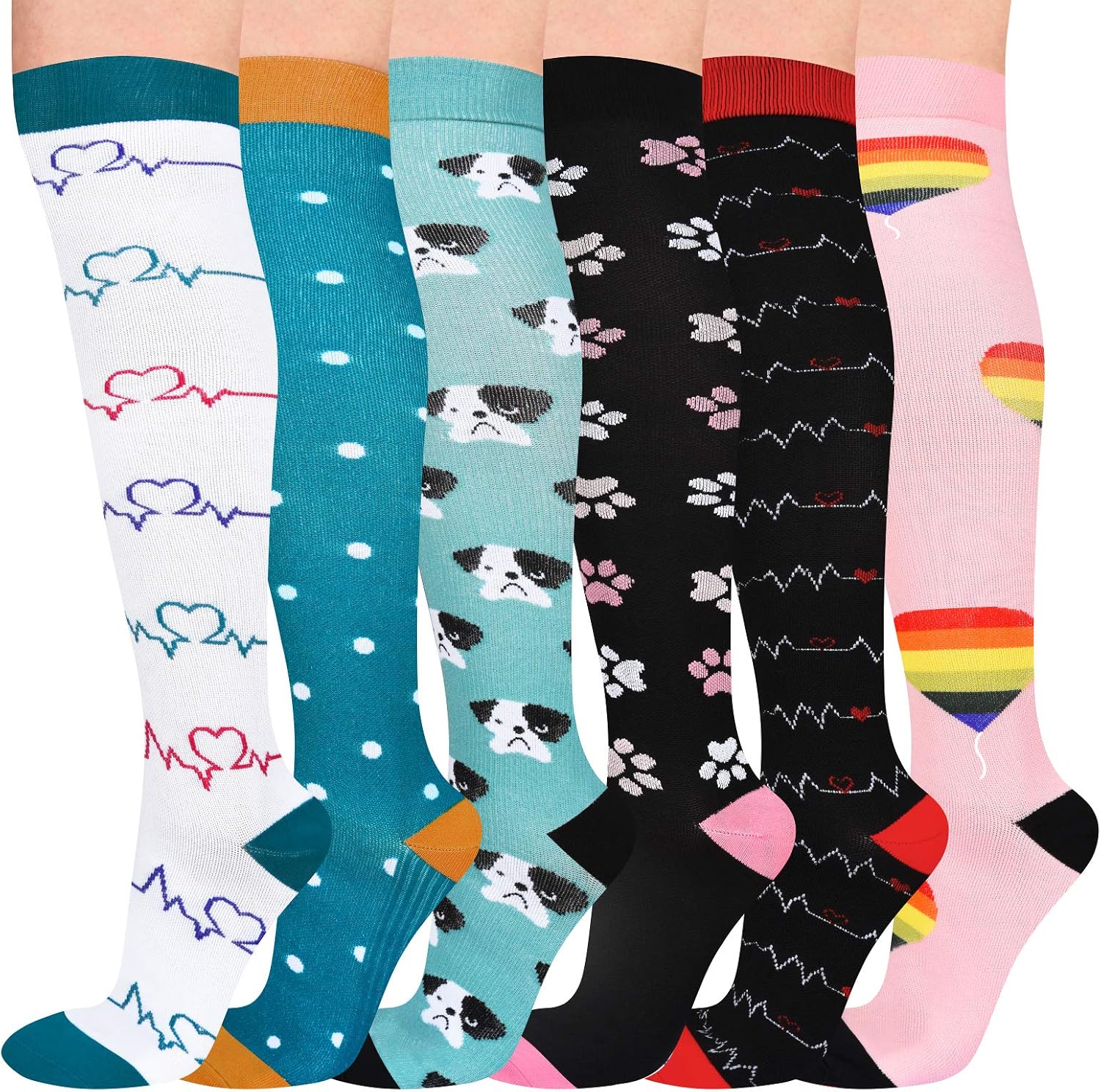 6 Pairs Compression Socks 20-30 mmHg for Women, Fun Compression Socks with Cute Patterns for Holiday, Running, Nurses, Pregnancy Women (L/XL)