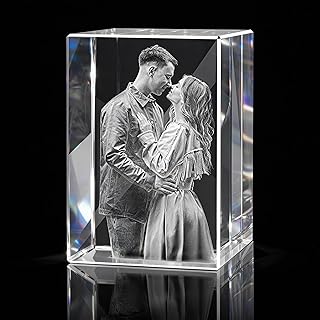 3D Photo Personalized Gift, Custom Laser Engraved Picture in Optical Crystal, USA Made 3D Portrait Keepsake, Custom Photo Gift with Optional LED Light Base for Anniversary Birthday Memorial Home Decoration