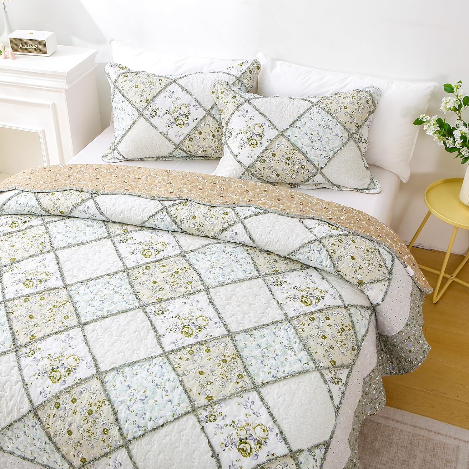 Patchwork Quilt Set Queen Size, 3 Pieces Floral Plaid Bedspreads Coverlet, Soft Microfiber Lightweight Bedding Set for All Season,Gray Green - Image 9