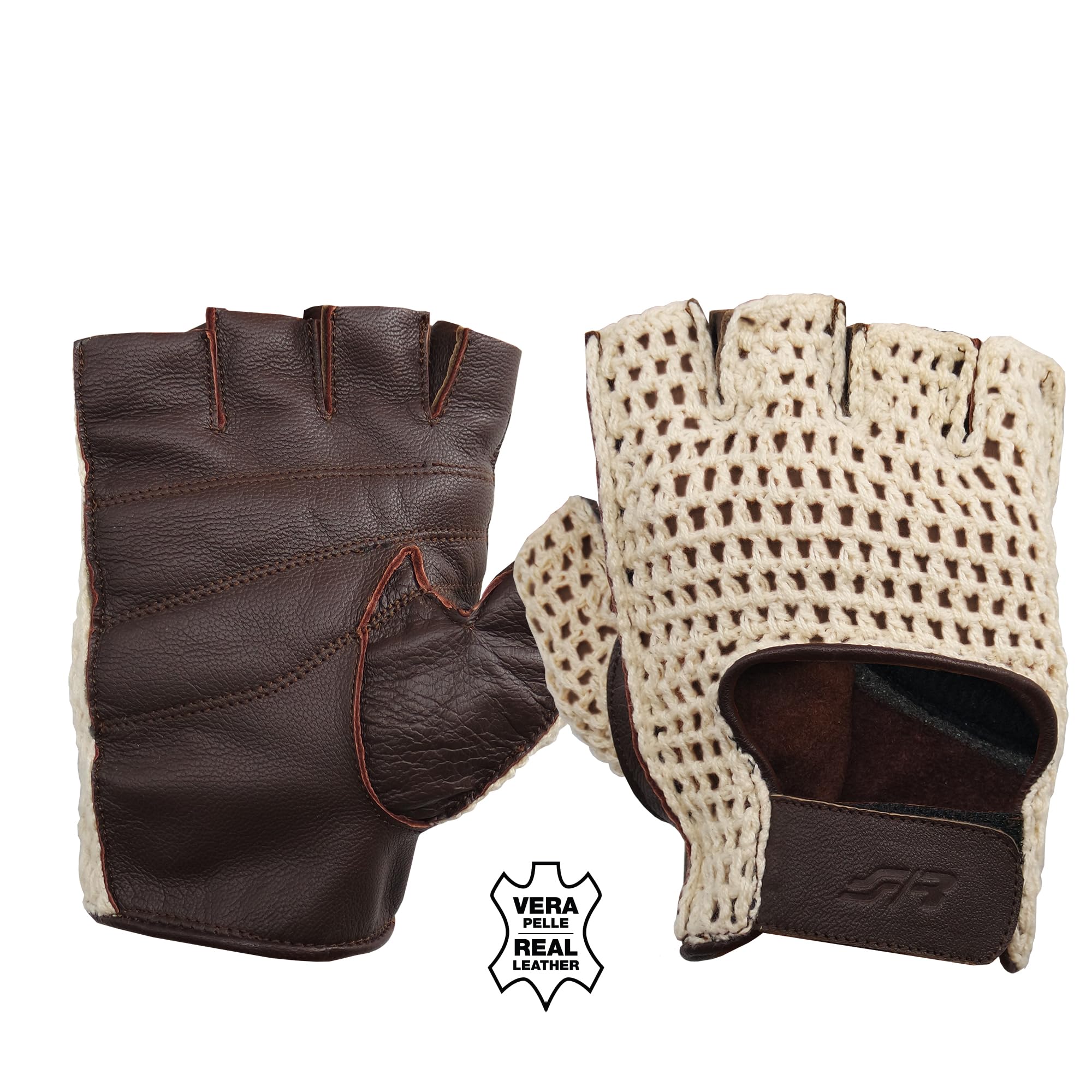 SIMONI Racing GV4XL Guanti da Guida Senza Dita per Auto in Stile Vintage in Vera Pelle e Rete in Cotone, Taglia XL