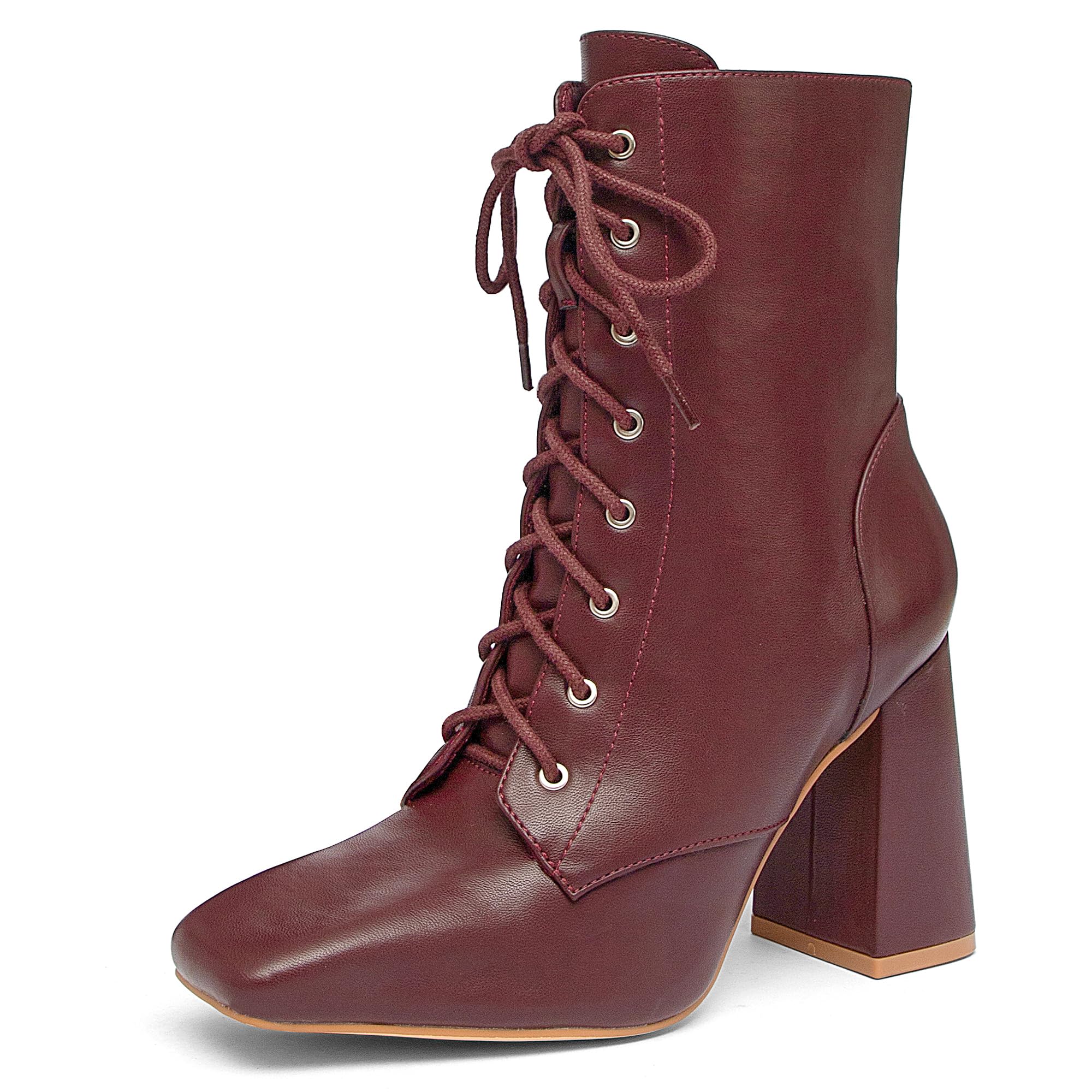 NEWBELLA Womens Square Toe Ankle Boots - Lace-Up Block Heel Booties with Side Zip Minimalist Casual Faux Leather