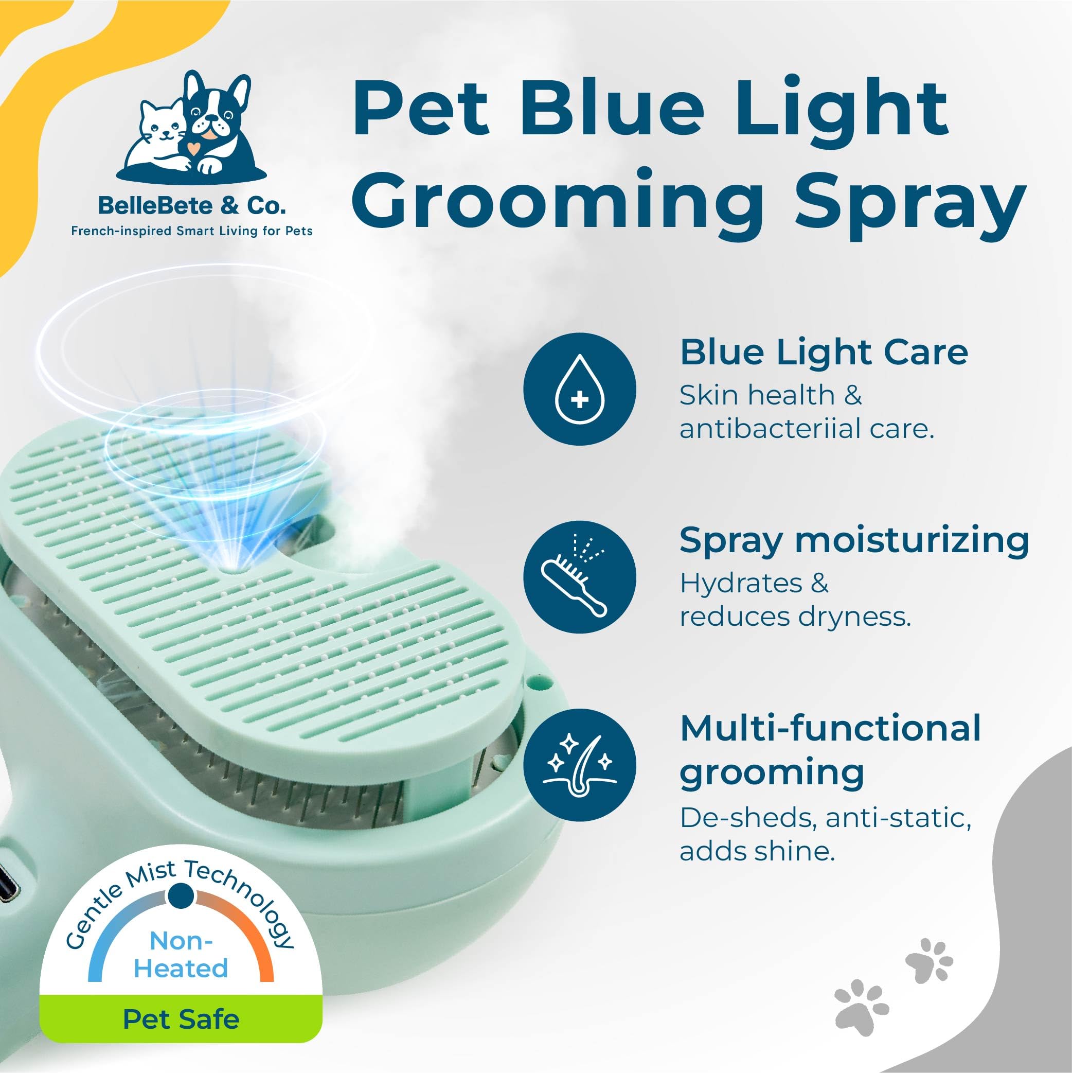 BelleBête & Co. Cepillo de vapor para mascotas para perros y gatos, herramienta de aseo y desprendimiento de pelo de mascotas con un solo clic, fácil de limpiar, carga USB, acondicionamiento sin