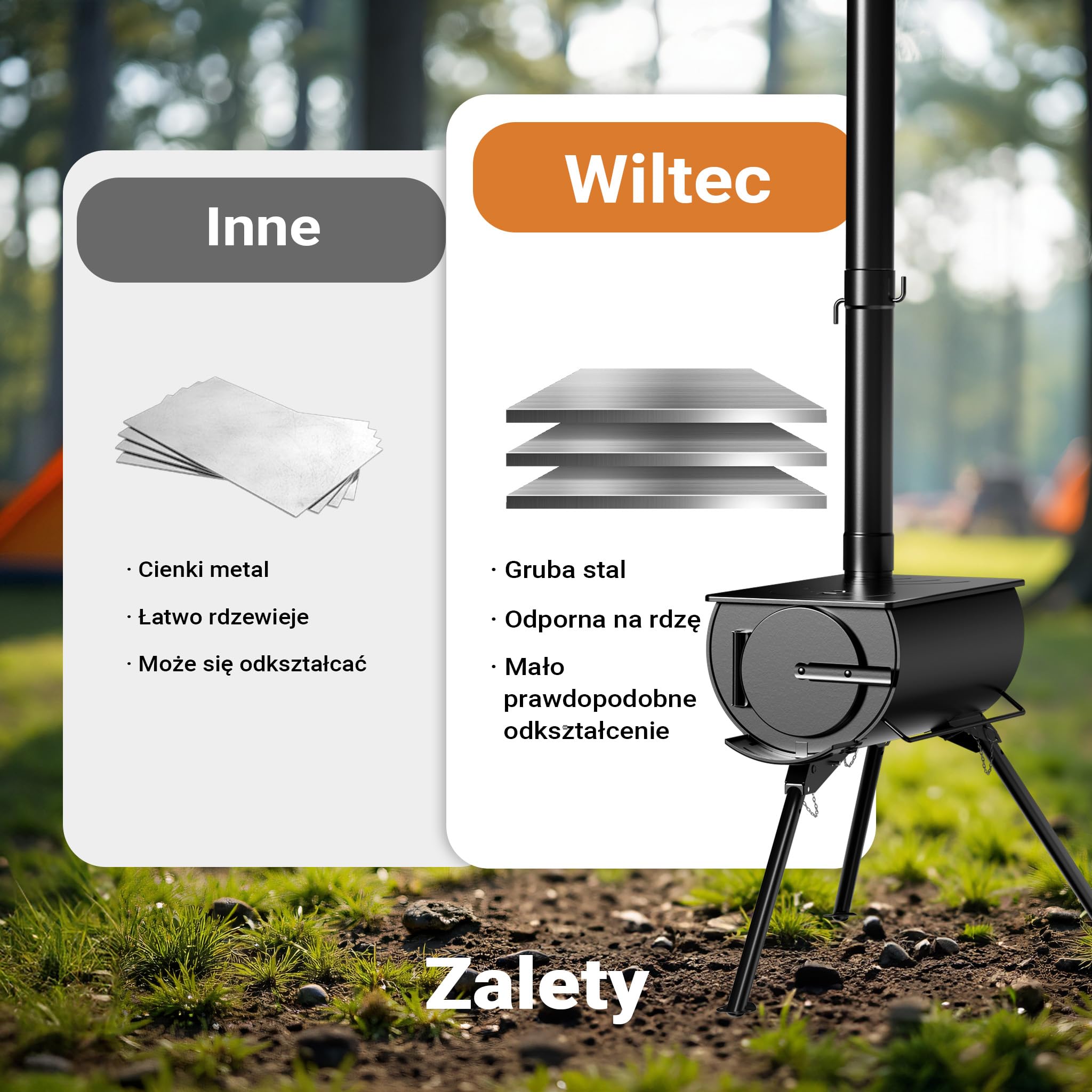 Wiltec Piec do namiotu na drewno ze stali Q235, piecyk 85 x 57,5 x 238 cm z kominkiem Ø 6 cm pod namiot, wszechstronność na biwaku