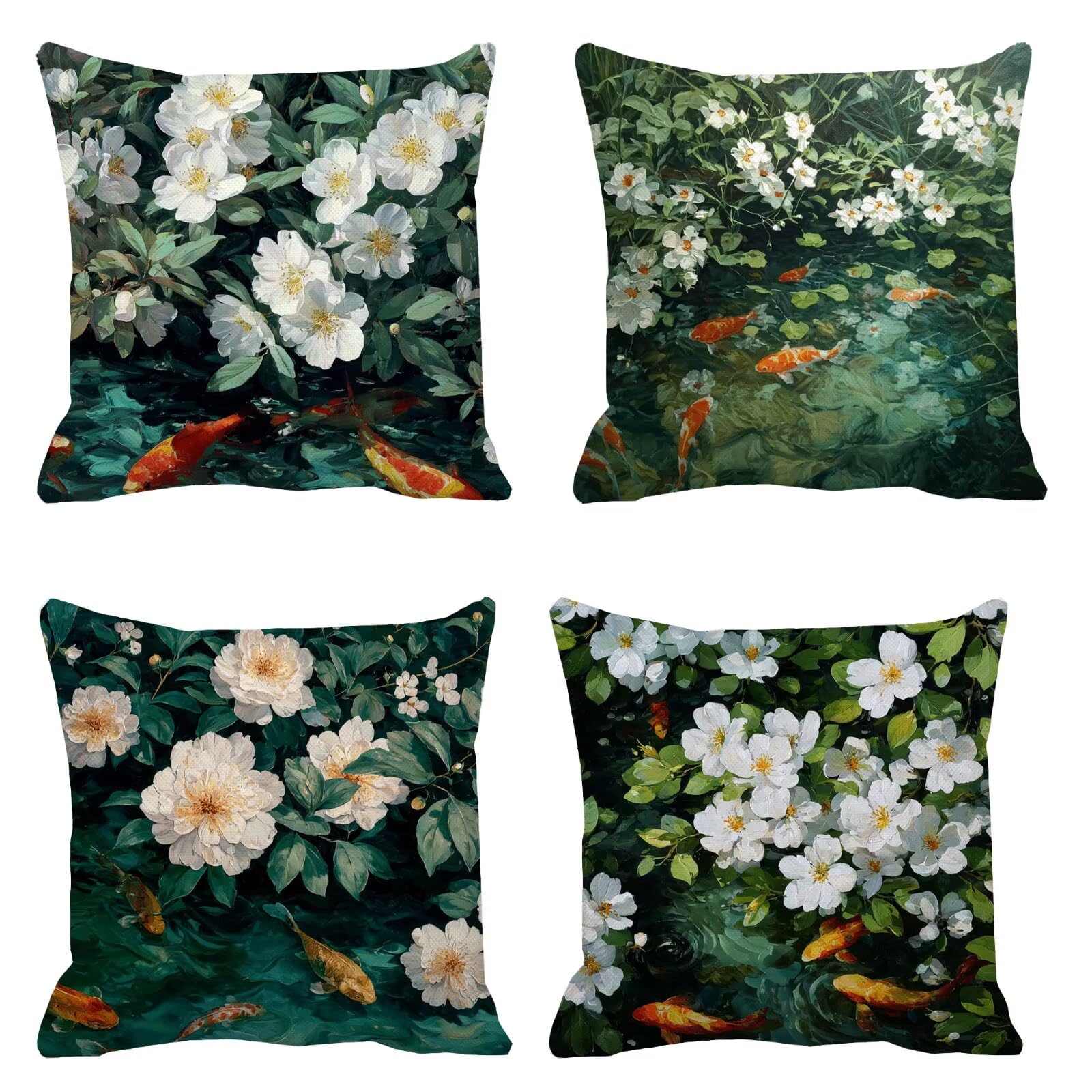 Taie oreiller 80x80cm carré lot de 4 en lin avec motifs fleurs et poisson modèle B-915