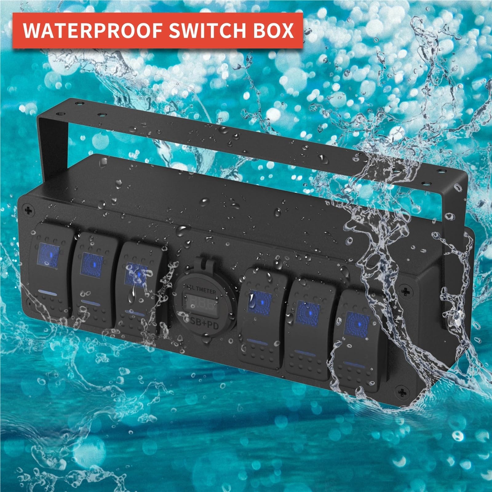 Interruptores marinos, Caja de interruptor basculante de 6 unidades, impermeable, 12 V, SPST, encendido/apagado, panel de interruptores de luz LED con doble salida USB PD3.0 y puerto USB QC3.0 for aut