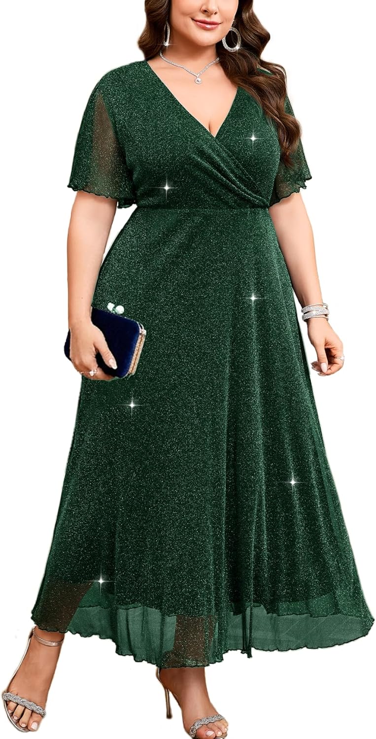 ZOMVA Plus Size Sparkly Maxi Dress V-Neck Wrap Ruffle Sleeve A-Line Glitter Gown Wedding Guest Cocktail Evening Party