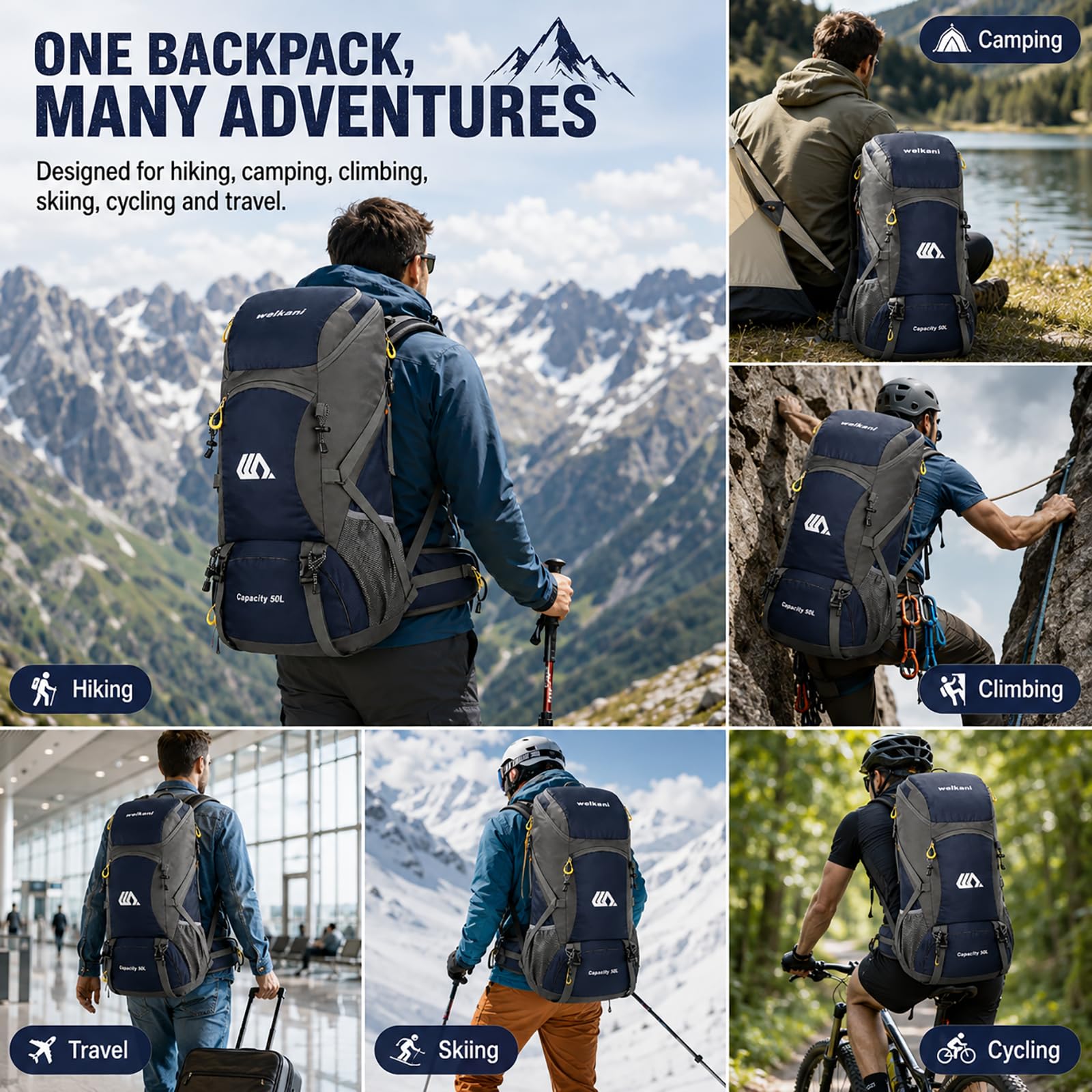 50L Wanderrucksack mit Regenschutz Wasserdicht Leichtes Camping Outdoor Sport Trekking Klettern Skifahren Reisetasche