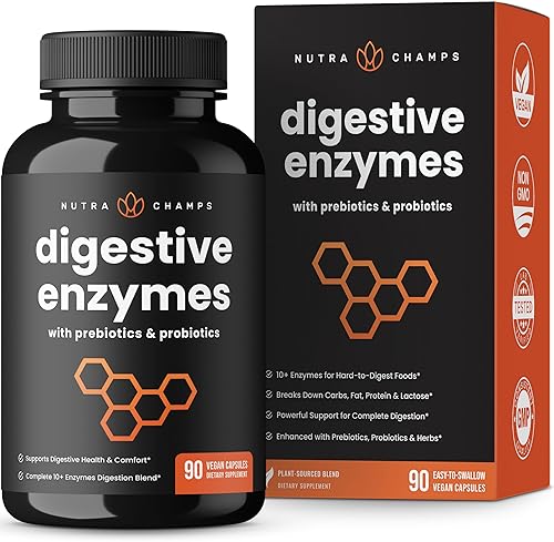 NutraChamps Enzimas digestivas con probióticos y prebióticos para mujeres y hombres - 90 cápsulas veganas con bromelina para hinchazón y salud