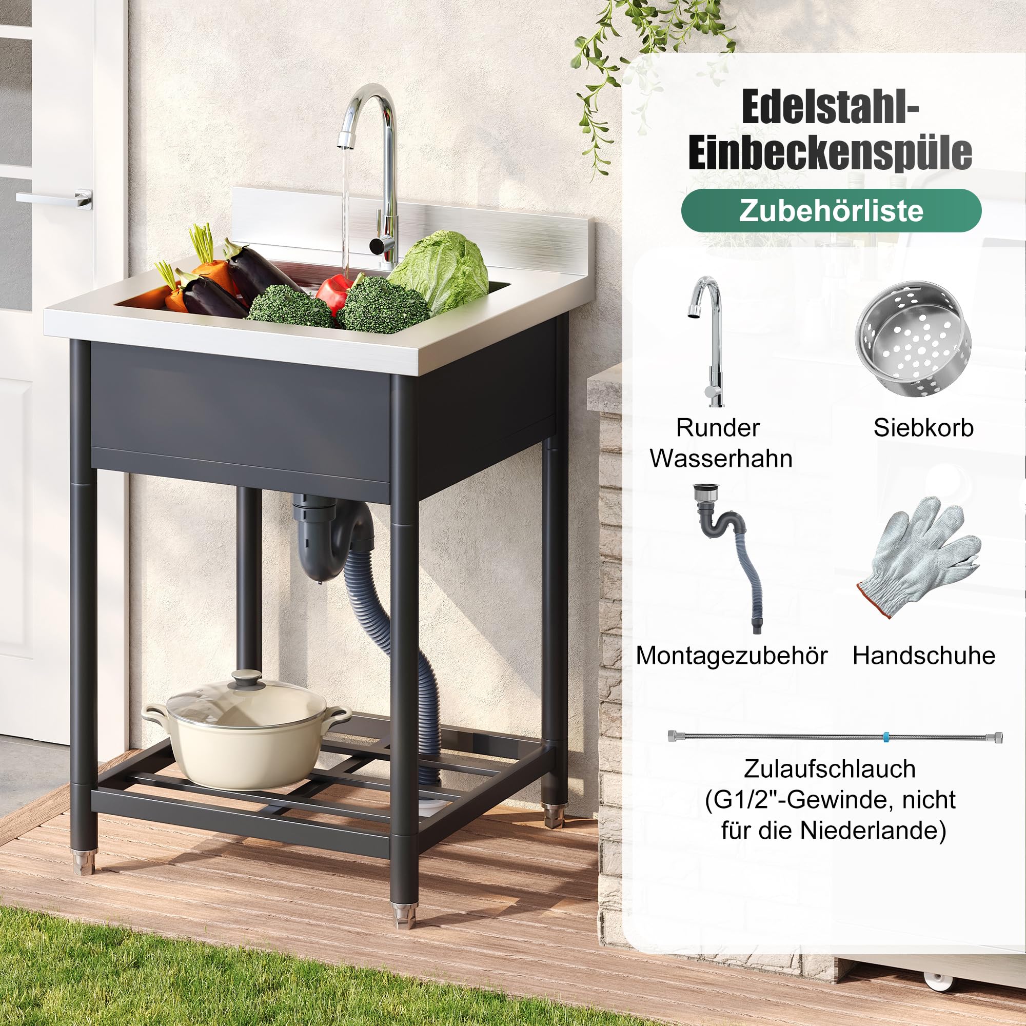 Lavello autoportante in acciaio inox con rubinetto e scarico, 60 x 60 cm, per cucina all'aperto, giardino, officina e gastronomia, robusto lavello da cucina da giardino con ripiano