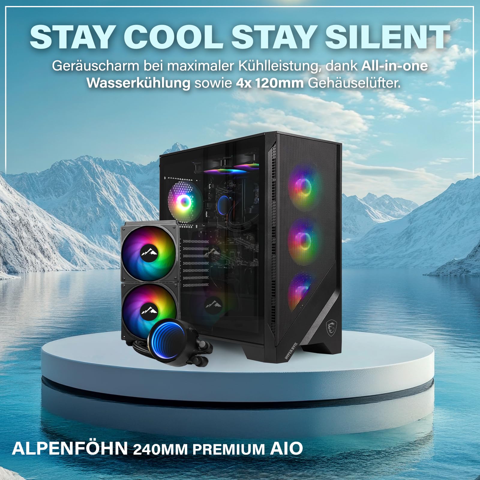 HYPER BYTE - Gaming PC - Komplett Set mit AMD Ryzen 7 5700G | 4,6 GHz | Vega 8 | 16GB DDR4 RAM | 1TB SSD | Wasserkühlung | 25 Zoll Monitor | Maus & Tastatur | WLAN | Win11 Pro | All in One Desktop