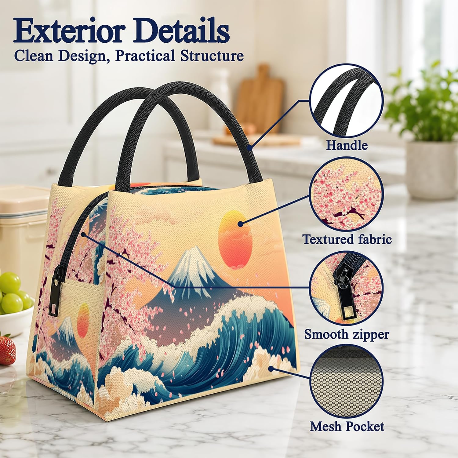 UGD Japanese-style Cherry Blossoms Lunch Bags for Women Men & Kids, Insulated Lunch Box with Large Capacity, Cute Lunchbox for Boys, Toddler Lunch Bag for School & Picnic image 4