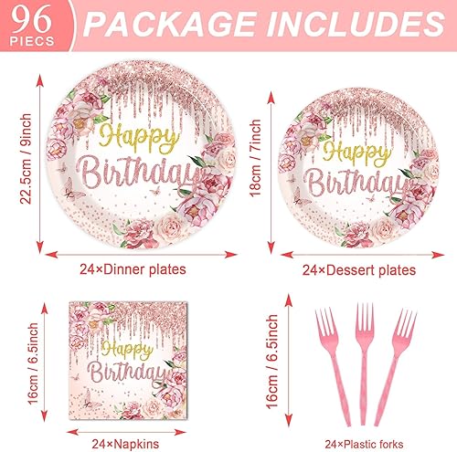 Miniatura 2 de 96 piezas de suministros para fiesta de cumpleaños florales, juegos de vajilla de cumpleaños con flores de oro rosa para niñas y mujeres, juego de