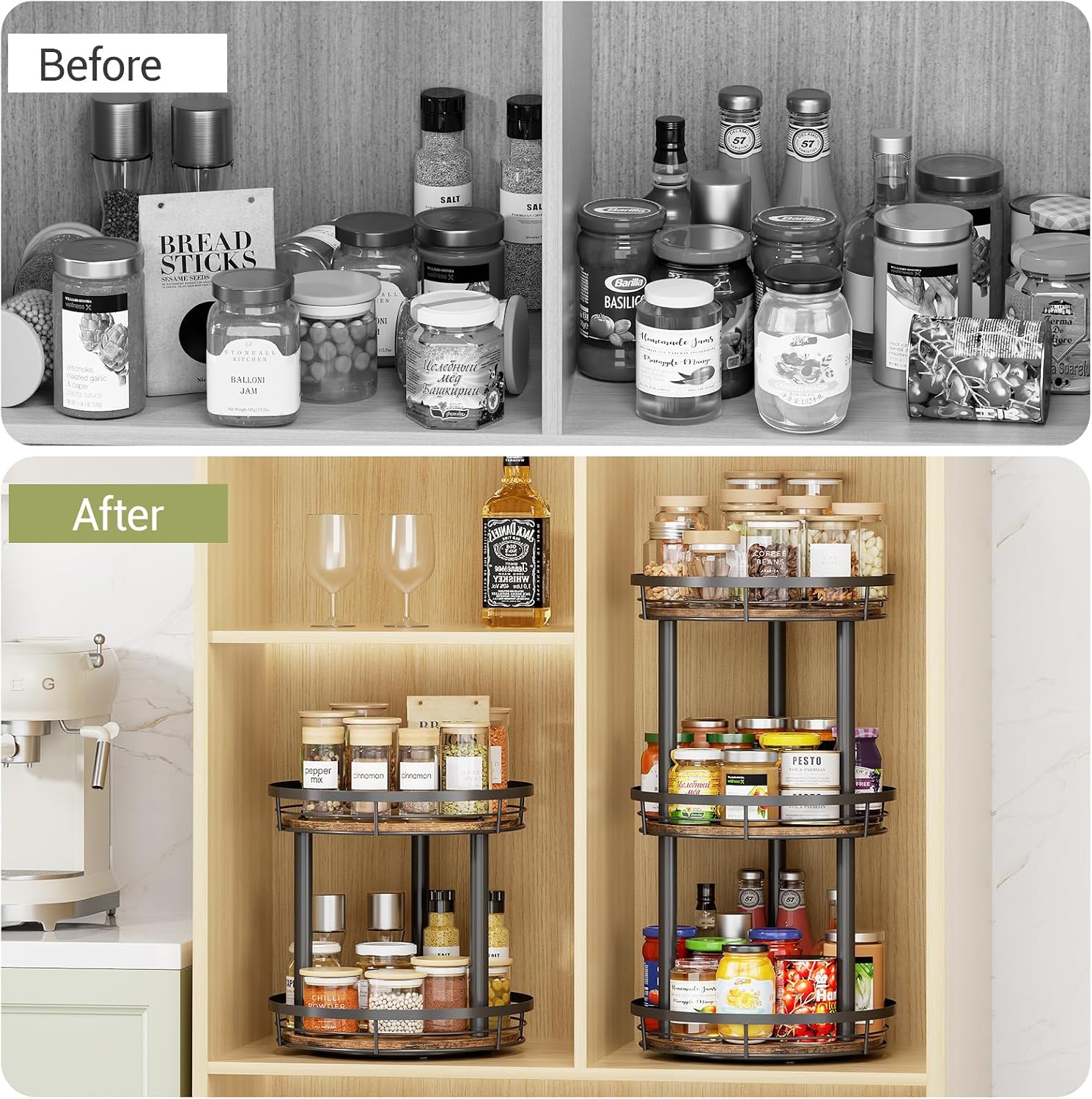 LAMU 12'' Wood Lazy Susan Spice Rack Organizer, 3 Tier Spice Organization for Cabinet, Countertop, Kitchen, Table Top, Pantry, Condiment and Seasoning Rack Organizer