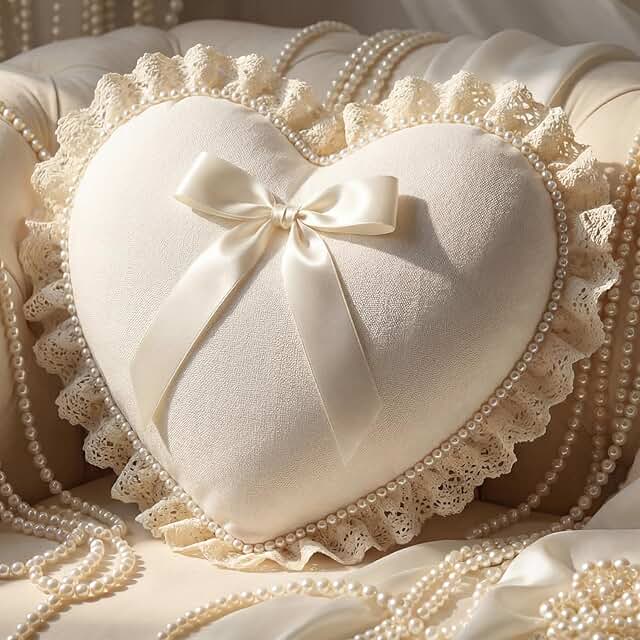Amyhill Beige Heart Pillow with Bow 18x16 Inch Lace Pearl Heart Throw Pi...