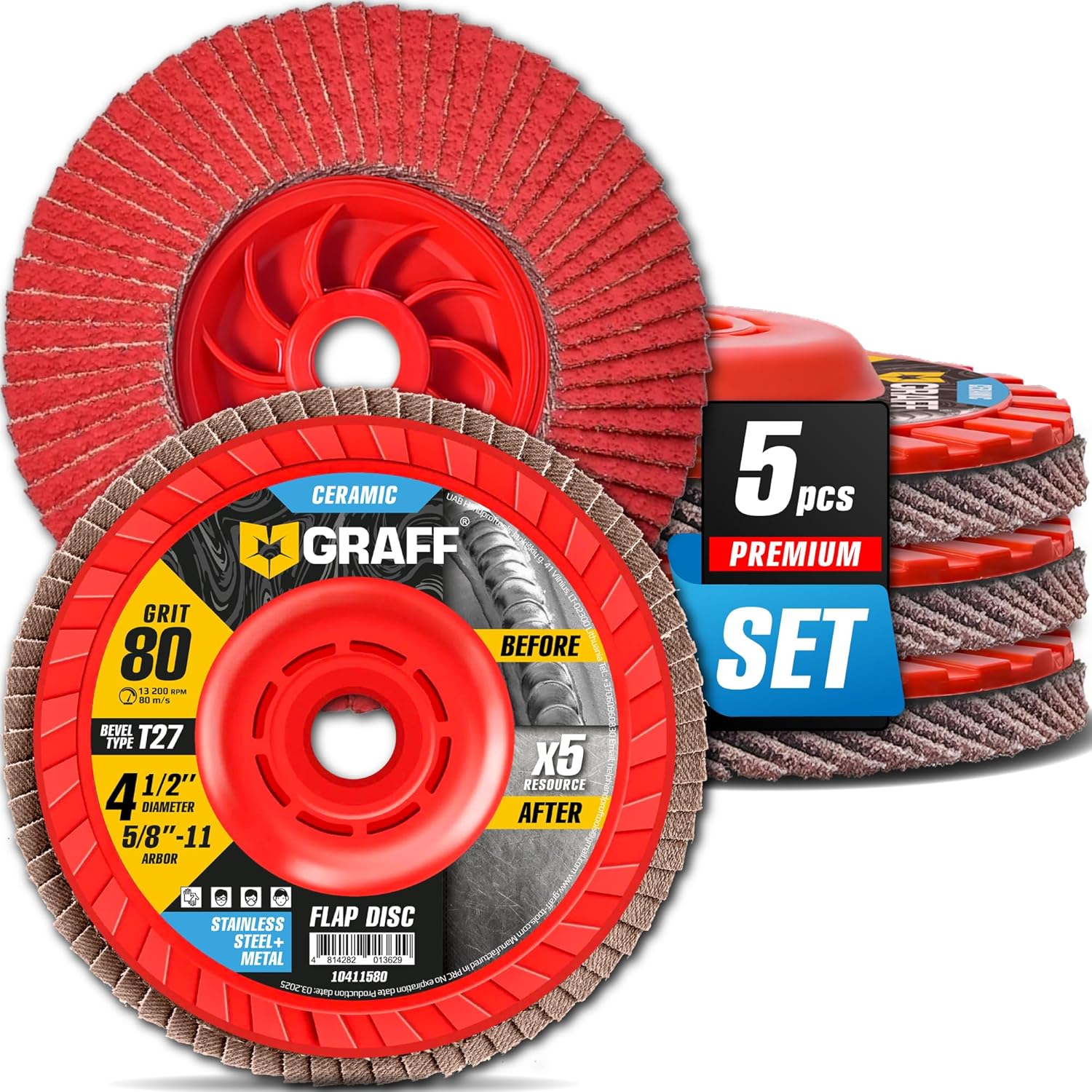 Ceramic Flap Discs 4 1/2 for Angle Grinder - 80 Grit Flap Wheels for Stainless Steel and Sheet Metal - Grinder Sanding Disc 5/8 Arbor (5 Pack) GRAFF