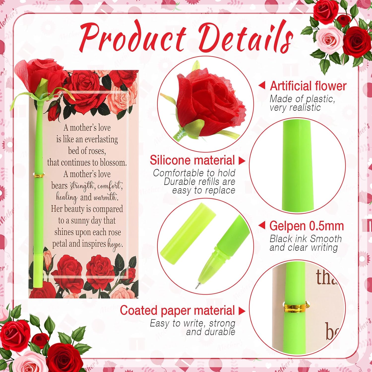 Sayglossy 30 Set Mothers Day Gift Rose Pens with Gift Card Women Christian Gifts Bulk Mothers Day Artificial Creative Black Ink Flower Pens Bulk Office Gifts Supplies for Women (Classic)