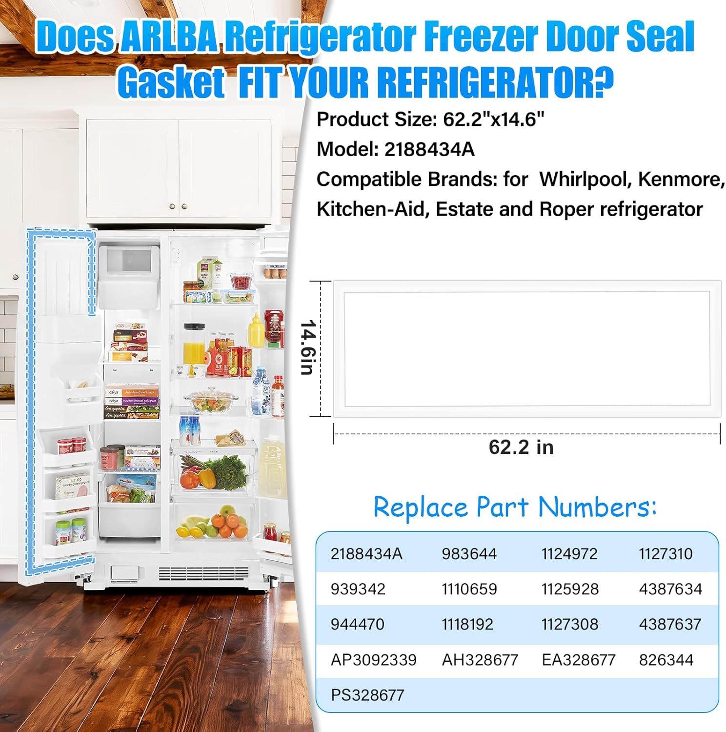 Upgraded 62.2"x14.6" 2188434A Refrigerator Freezer Door Gasket Replacement Compatible with Whirlpool Refrigerator Freezer Door Seal Fridge Gasket 944470 1110659 1118192 1125928 4387634 PS328677 White