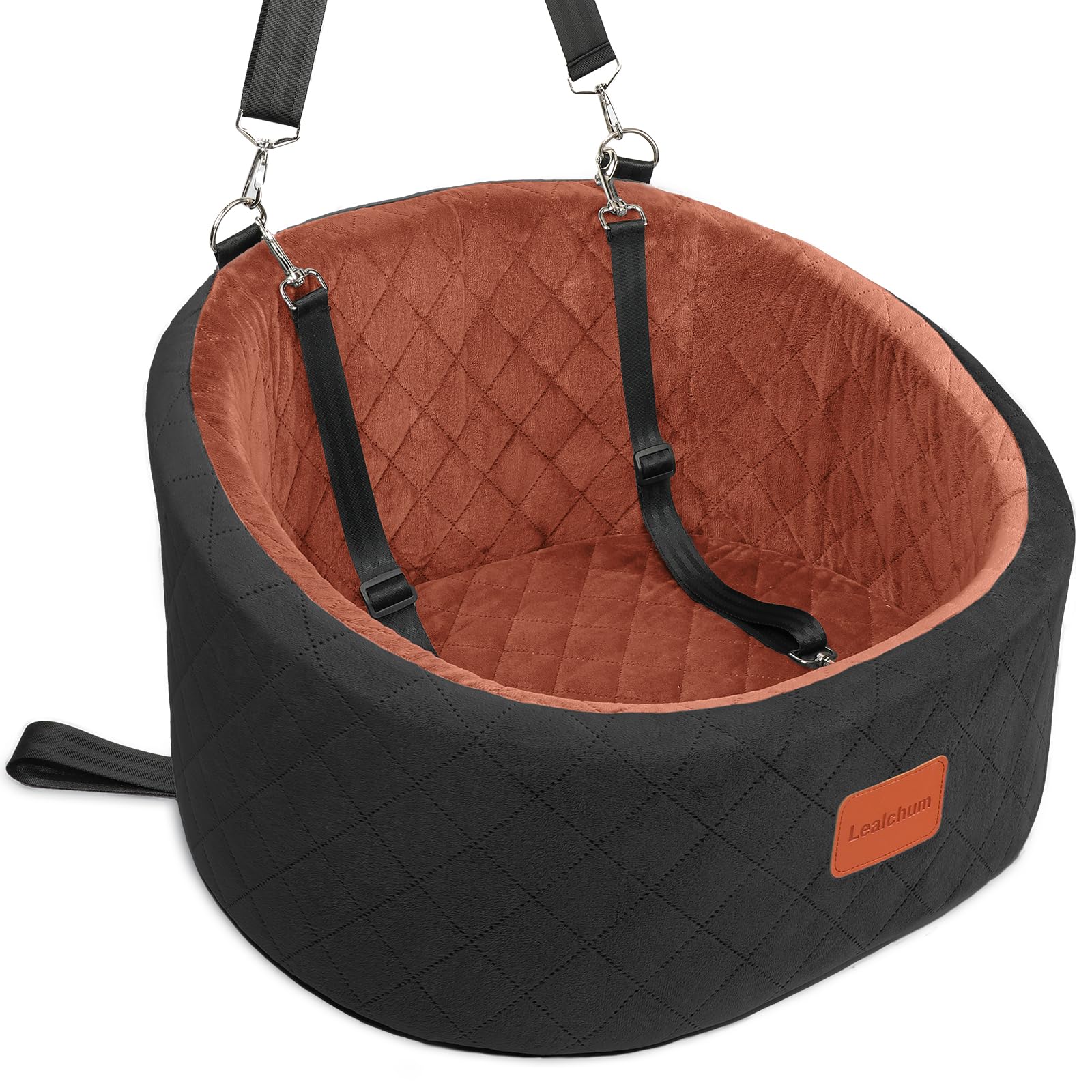 Lealchum Dog Car Seat for Small Dogs,Comfy Pet Travel Car Bed with 2 Clip-On Leashes,Fully Removable & Washable,Non-Slip Base with Seatbelt Channle, Easy to Install (Black/Brown, Small)