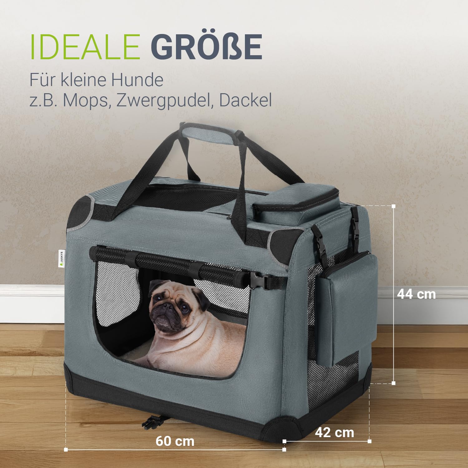 Juskys Hundetransportbox Lassie M faltbar & tragbar 42x60x44 cm mit Decke, Tasche & Griffen - Faltbare Transportbox für Hunde, Katzen & Haustiere - Oxford Stoff Hundebox Auto Hundetasche - Grau