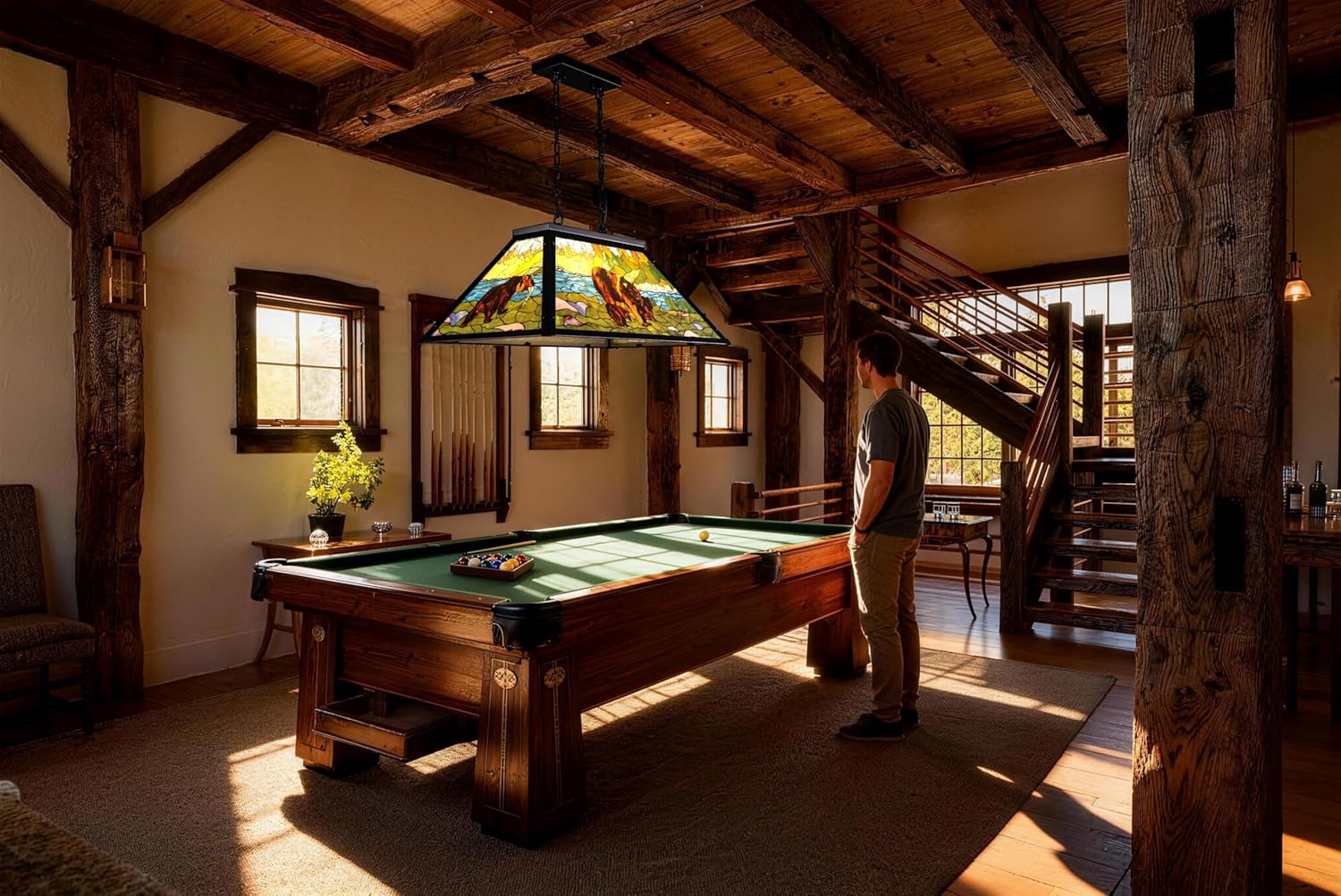 Wellmet Tiffany Pool Table Light, Billiards Chandelier Pendant Light, 3-Lights Rustic Pendant Light, for Kitchen Island, Snooker Table, Party Men's Cave, Game Room