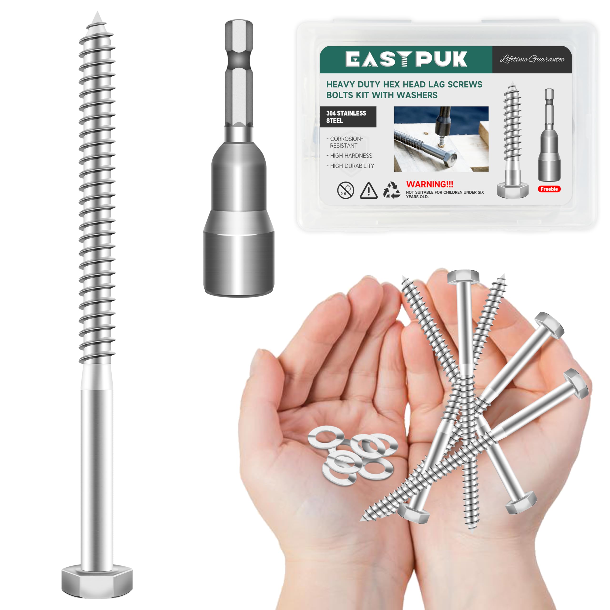 Stainless Steel Lag Screws - 8 Pack, 3/8" x 4" -32