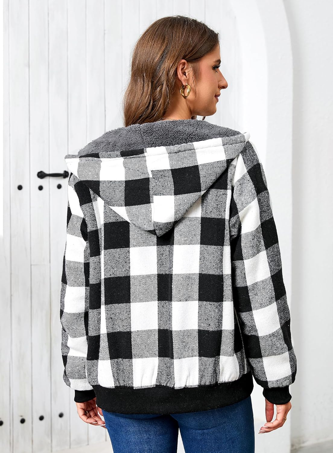 Shawnda Women's Flannel Casual Plaid Full Zip Up Sherpa Lined Hoodie Jacket Coat with Pockets - Image 3