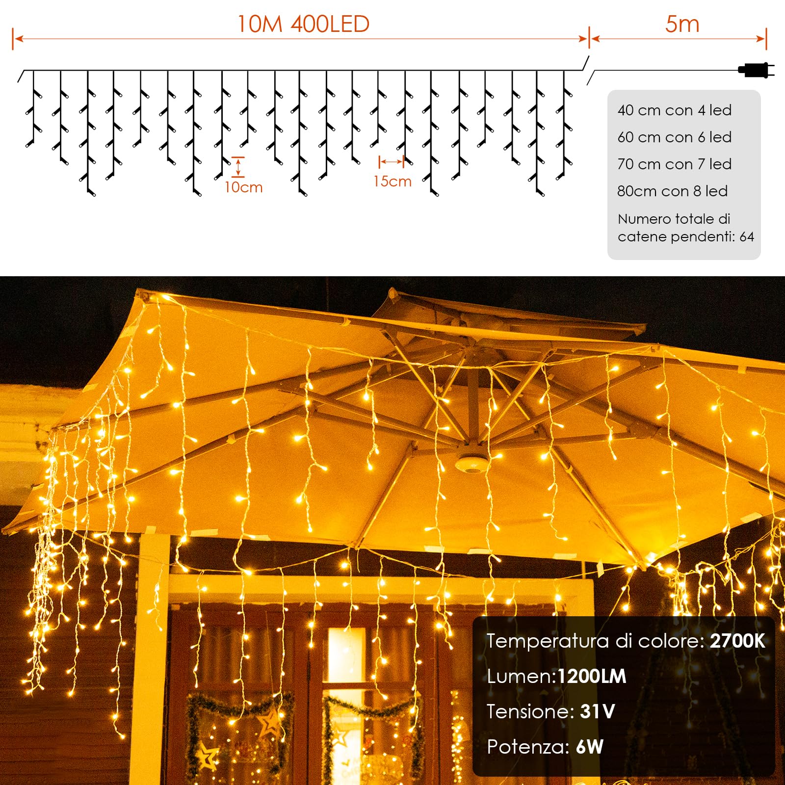 Luci Natale da Esterno Cascata 400LED 10M con Telecomando Tenda Luminosa Esterno Prolungabile /8 Modalità/Timer, per Decorare Giardino, Balcone, Finestra Tetto Bianco Caldo