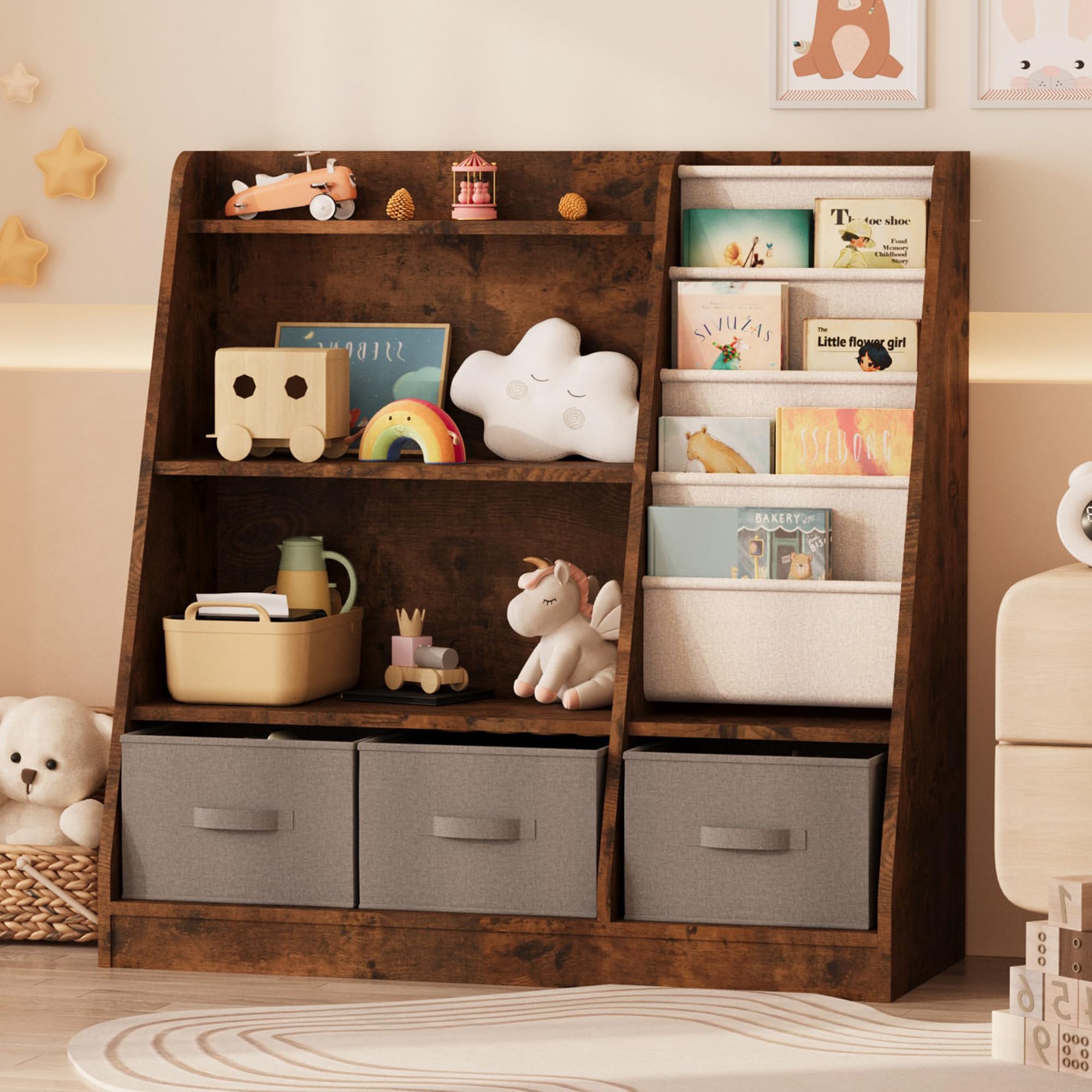 NACHES Kids Bookshelf and Toy Storage Organizer, Montessori Nursery Book Shelves with Sling Rack & Fabric Toy Bins, Toddler Baby Bookcase, Wooden Toy Shelf for Kids Room, Playroom, Rustic Brown