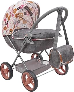 509 Crew Melange Flora Deluxe Doll Pram with Matching Bag - Foldable Stroller for 18" Dolls, Removable Bassinet, Age 3+