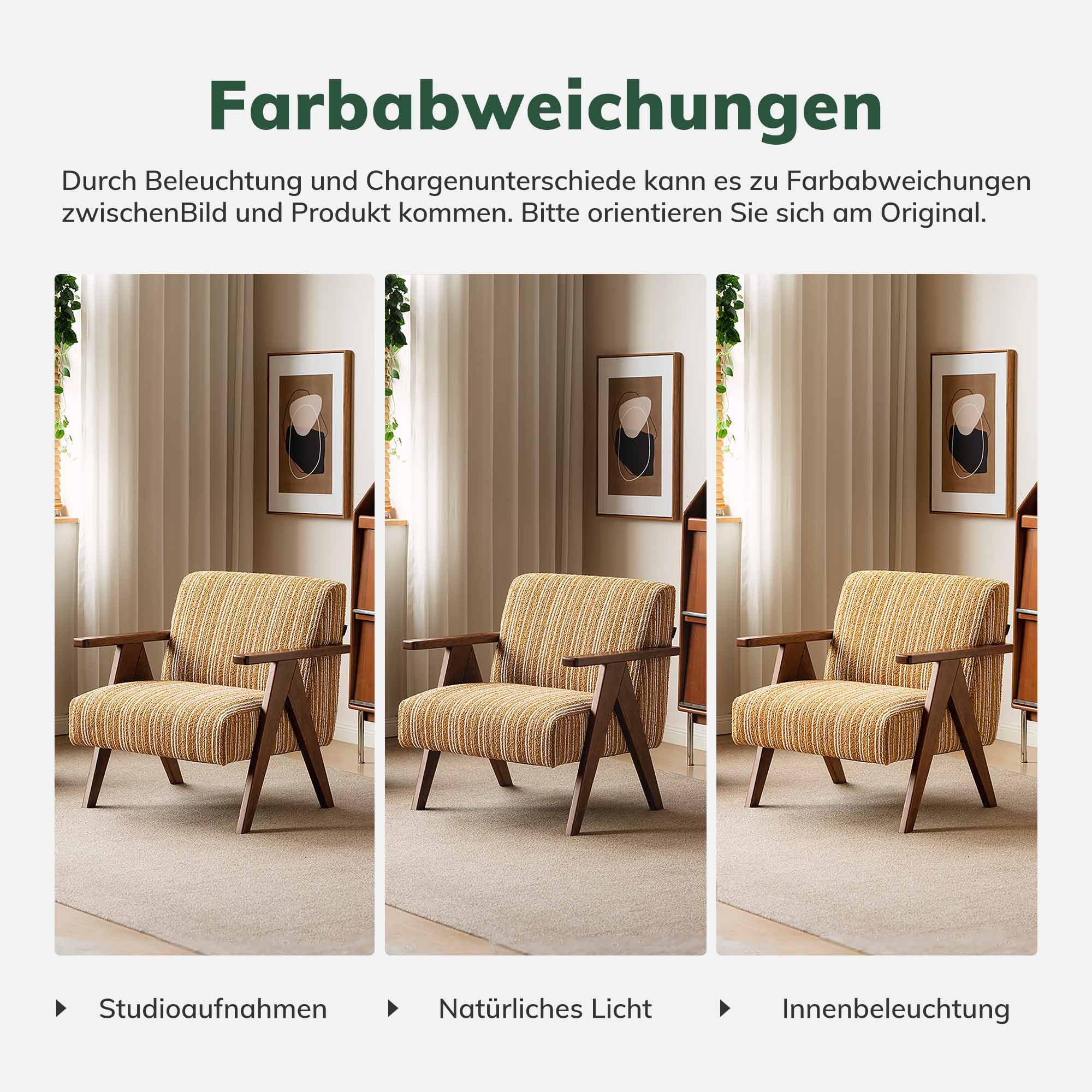 YESWOOD Sessel Wohnzimmer, Gepolsterter Loungesessel mit Massivholzrahmen, Stilvoller Lesesessel für Wohnzimmer, Schlafzimmer & Balkon, Gelb/Weiß Streifen – 79T x 74B x 82H cm
