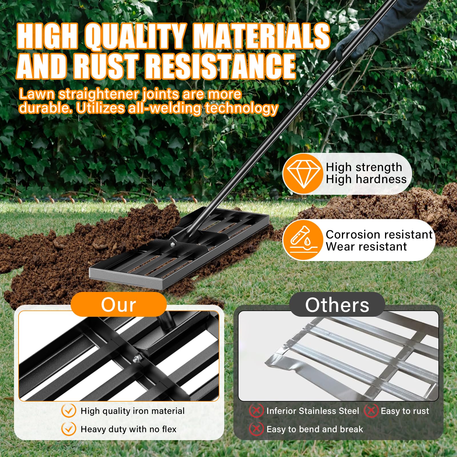 Rastrillo nivelador para césped 115 x 25 cm, rastrillo nivelador para césped de acero inoxidable, equipado con un mango extra largo de 198 cm para jardín, campo de golf, granjas