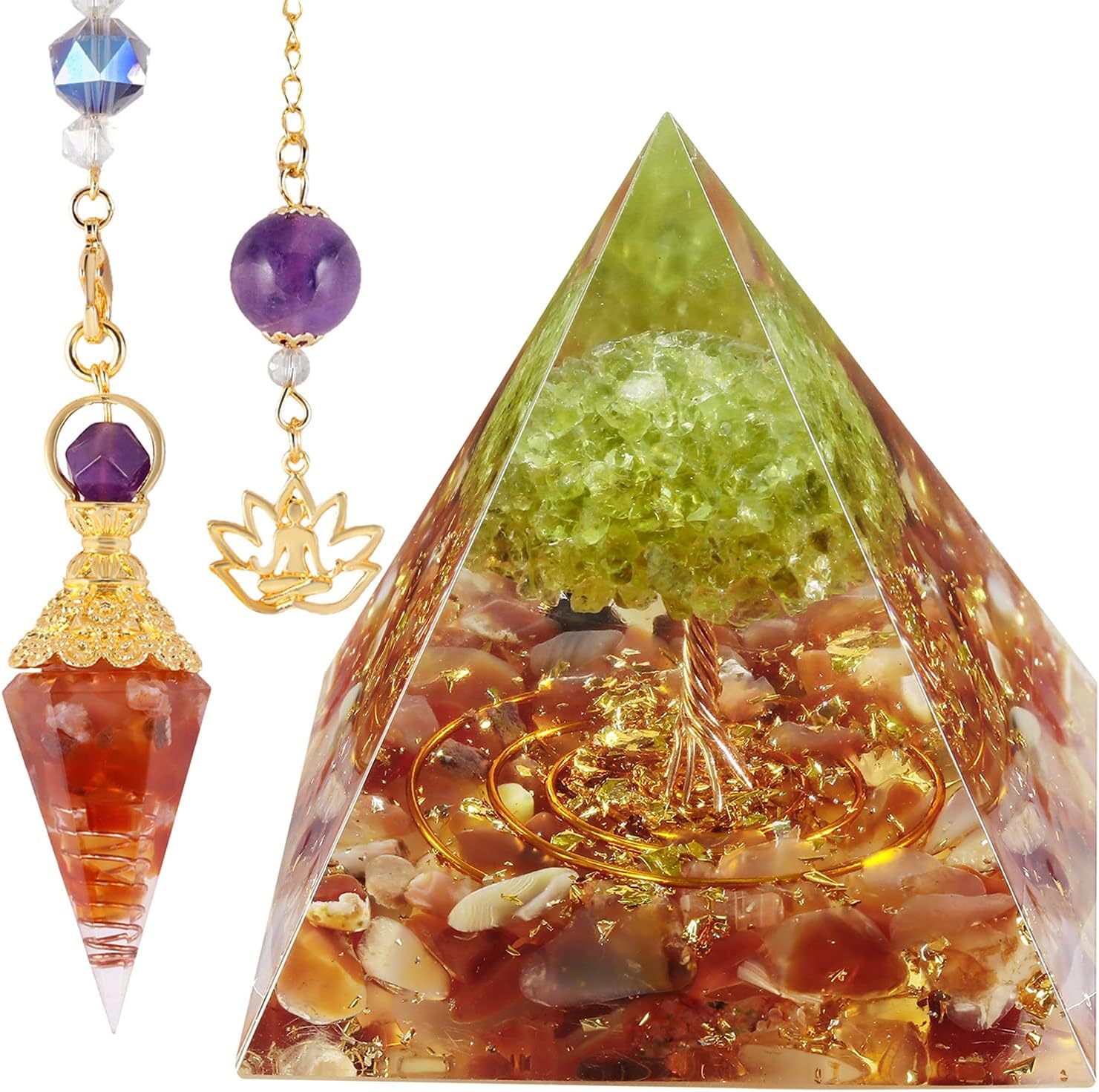SUNYIK Orgone Pyramid & Orgone Pendulum Set, Tree of Life Orgonite Energy Generator & Orgone Crystal Points Pendulum for Divination Meditation Chakra Balancing, Carnelian