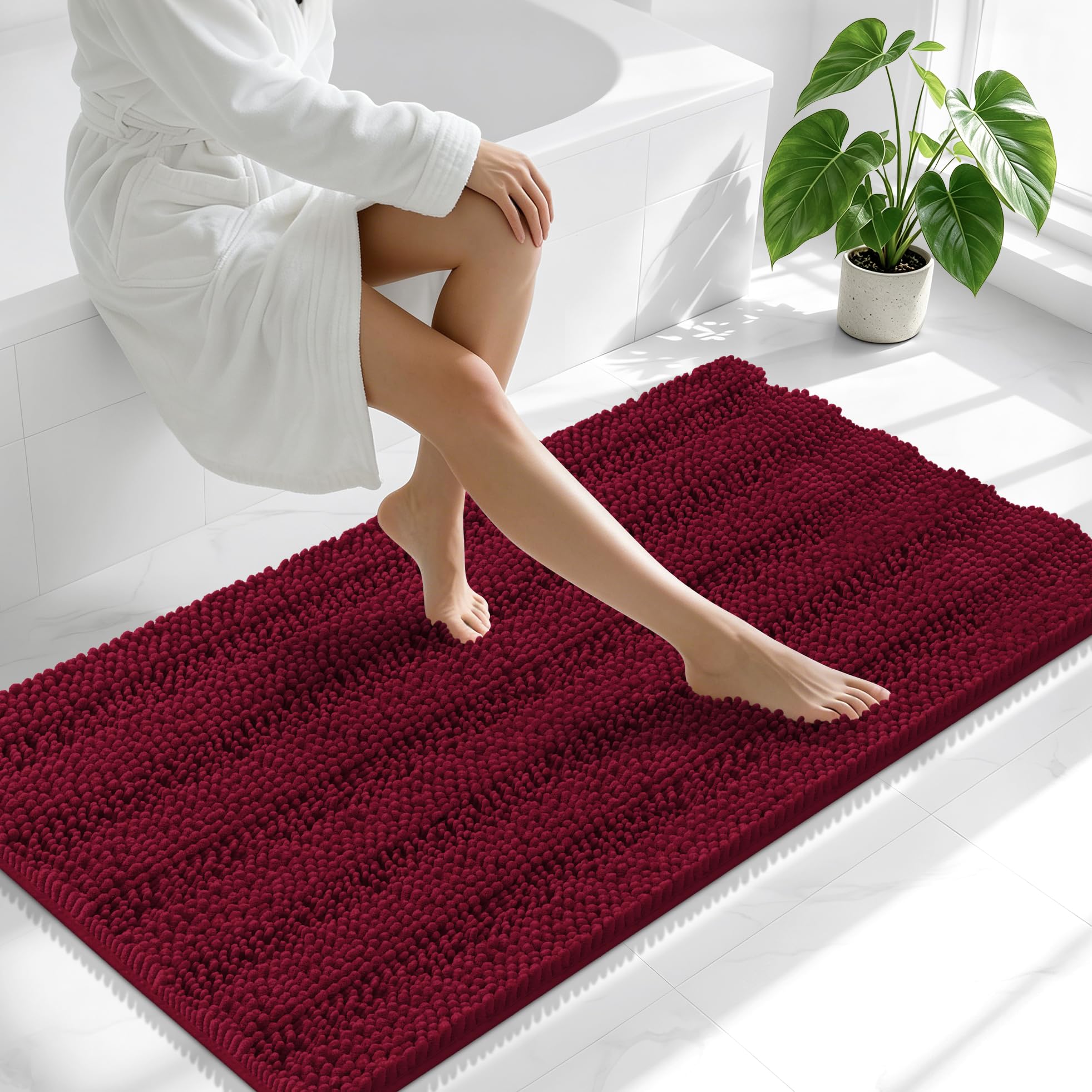 Smiry Thick Chenille Bathroom Runner Rugs 47x24, Soft Bath Mat, Burgundy