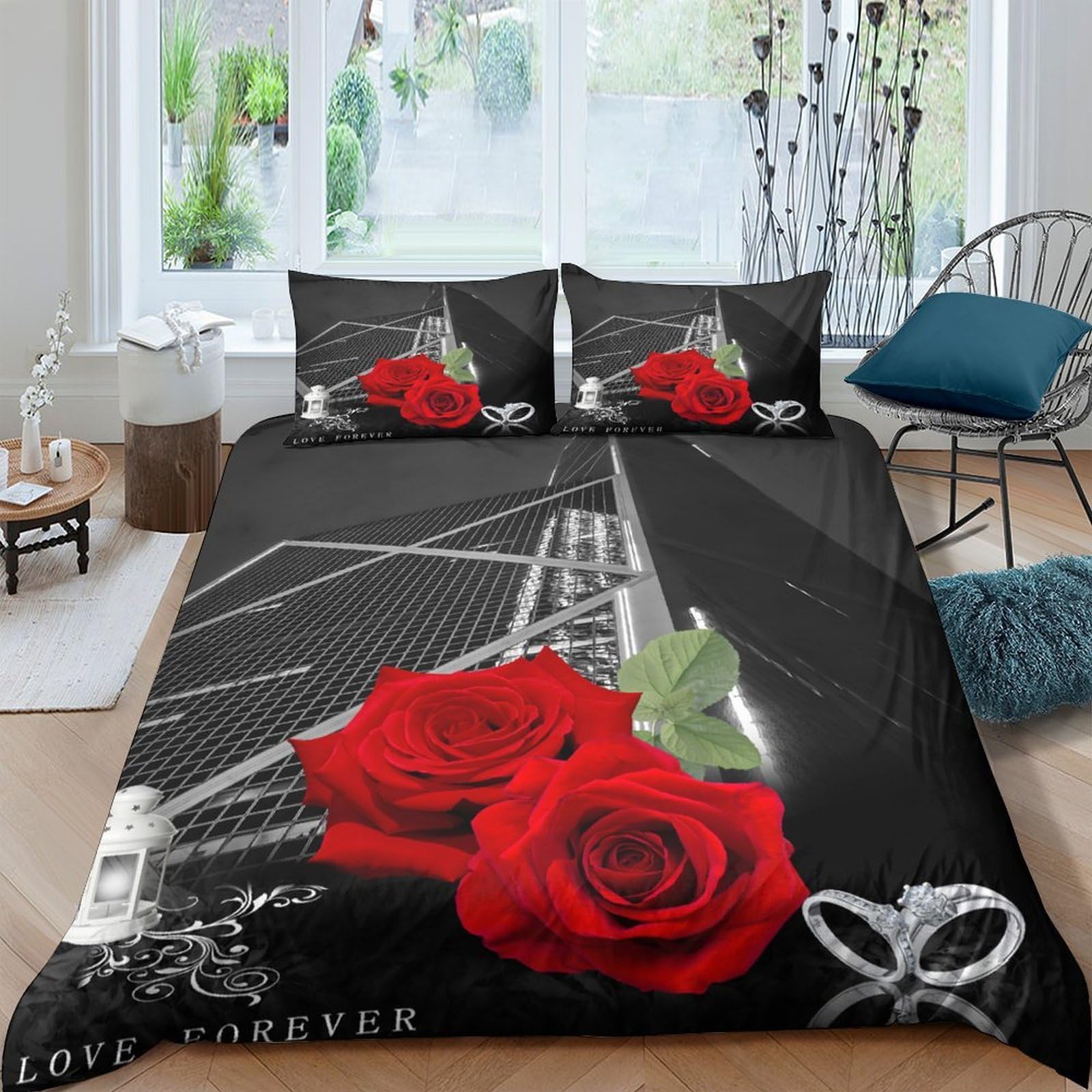 Ctjqhvkz Style-10 3D Printed Eiffel Tower Red Rose Fitted Sheet Microfiber Soft Bed Cover For Bedroom Guest Room Decor Single（135X200cm）